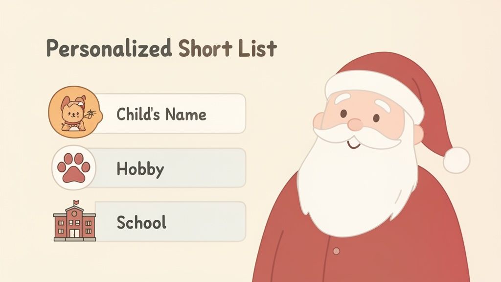 A cheerful Santa Claus next to a personalized short list with fields for child's name, hobby, and school.