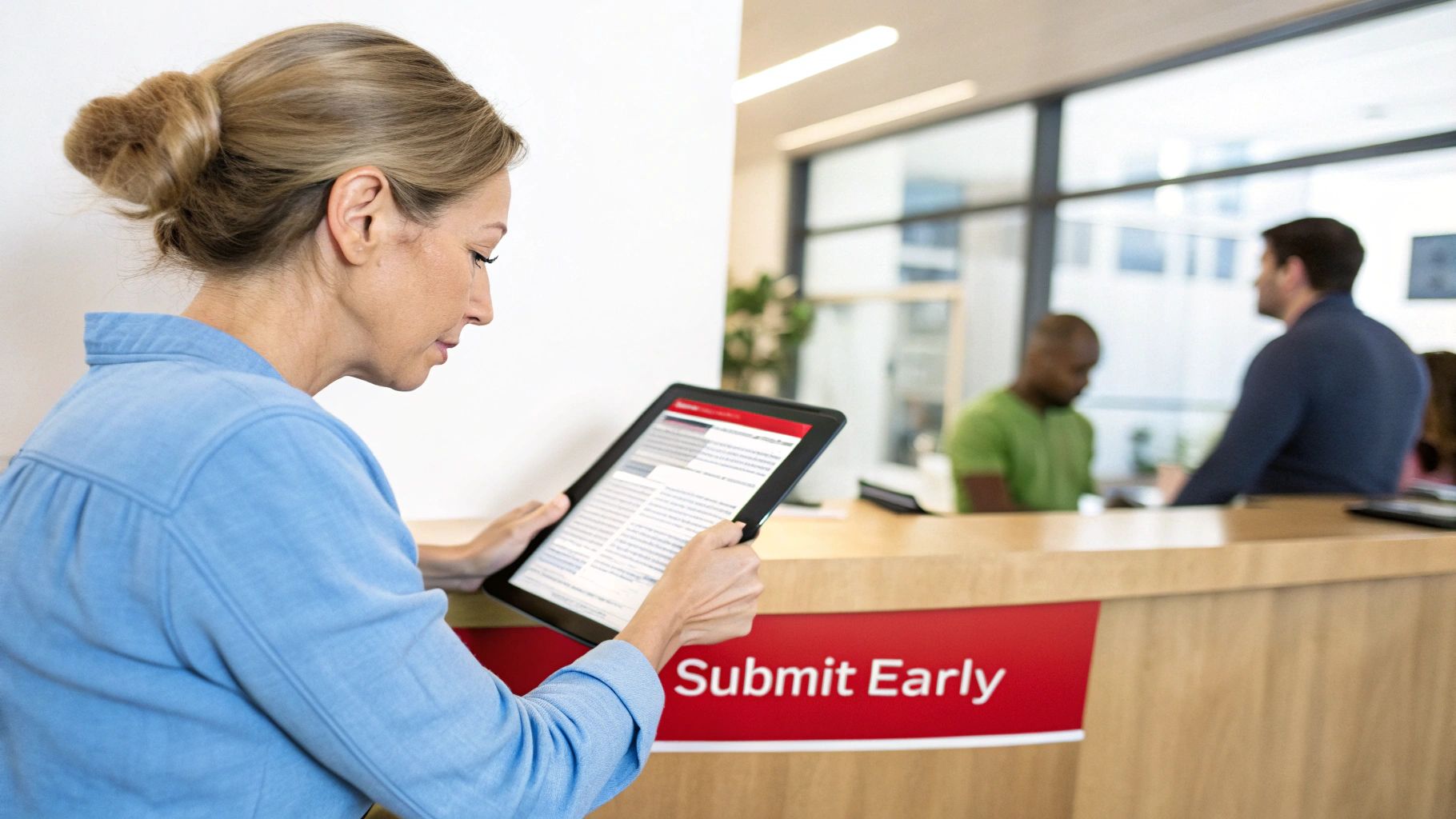A woman in a blue shirt reads information on a tablet at a counter with a 'Submit Early' sign.