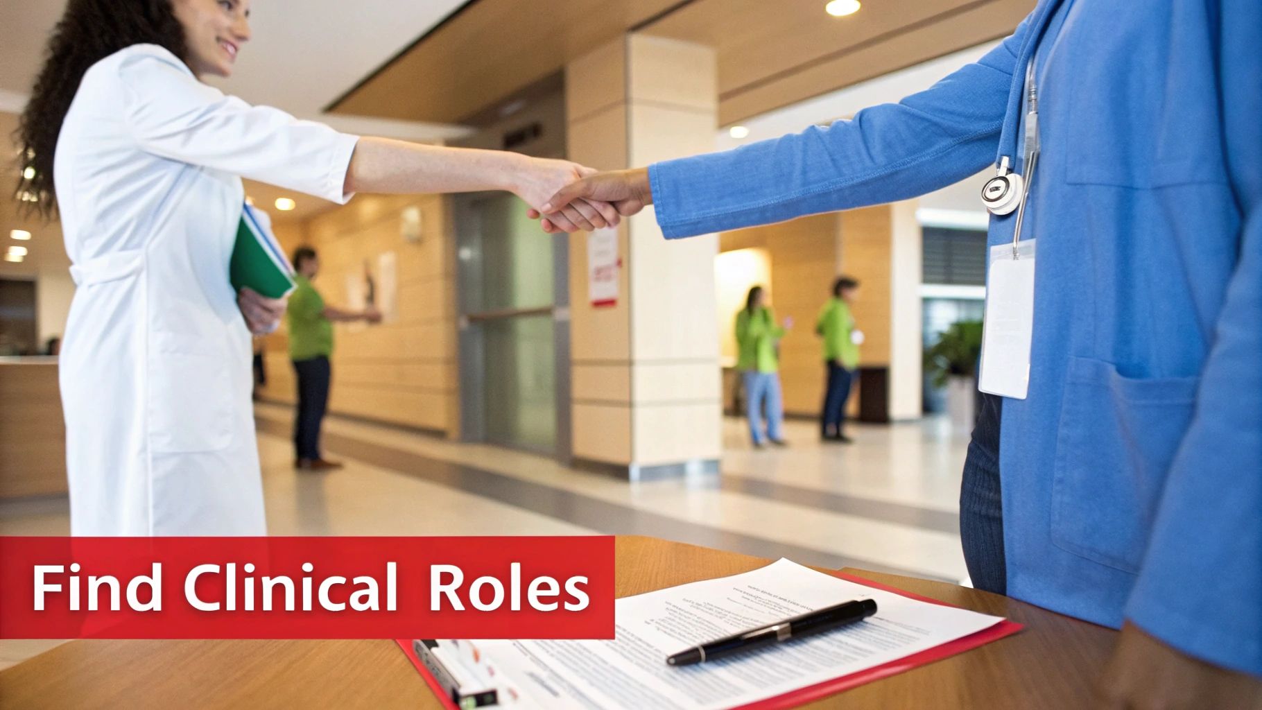 Two medical professionals shake hands in a modern hospital setting, with documents on a table.