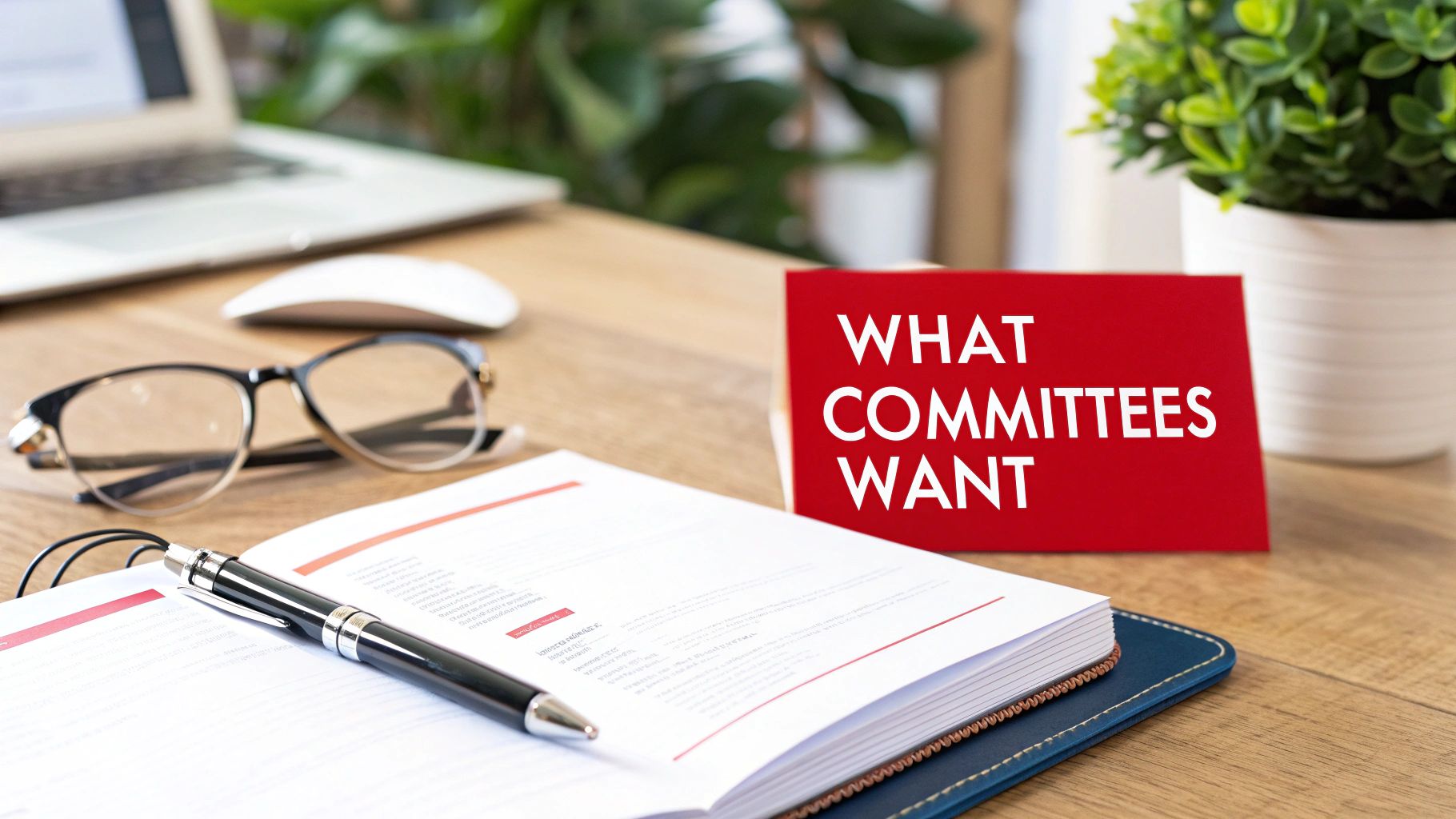 A desk setup featuring a laptop, open notebook, glasses, and a red card asking 'WHAT COMMITTEES WANT'.
