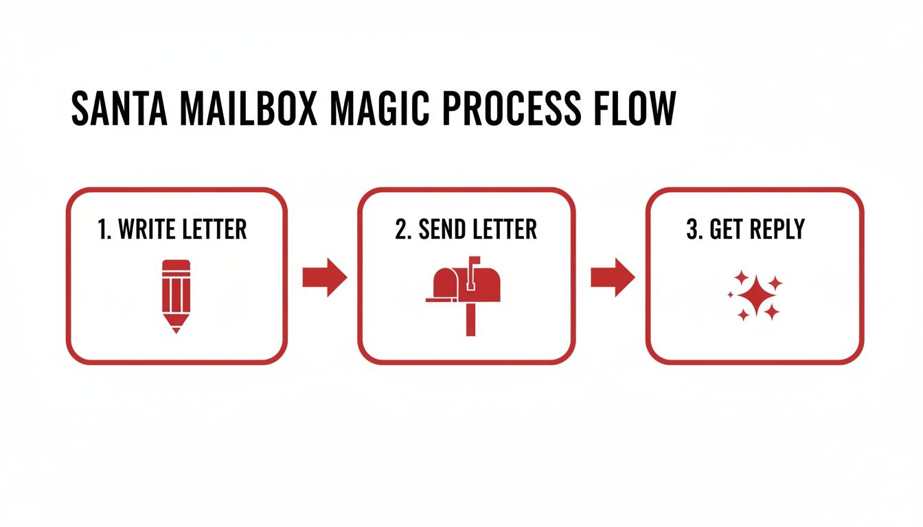 A three-step process flow illustrating how to send letters to Santa and receive a reply.