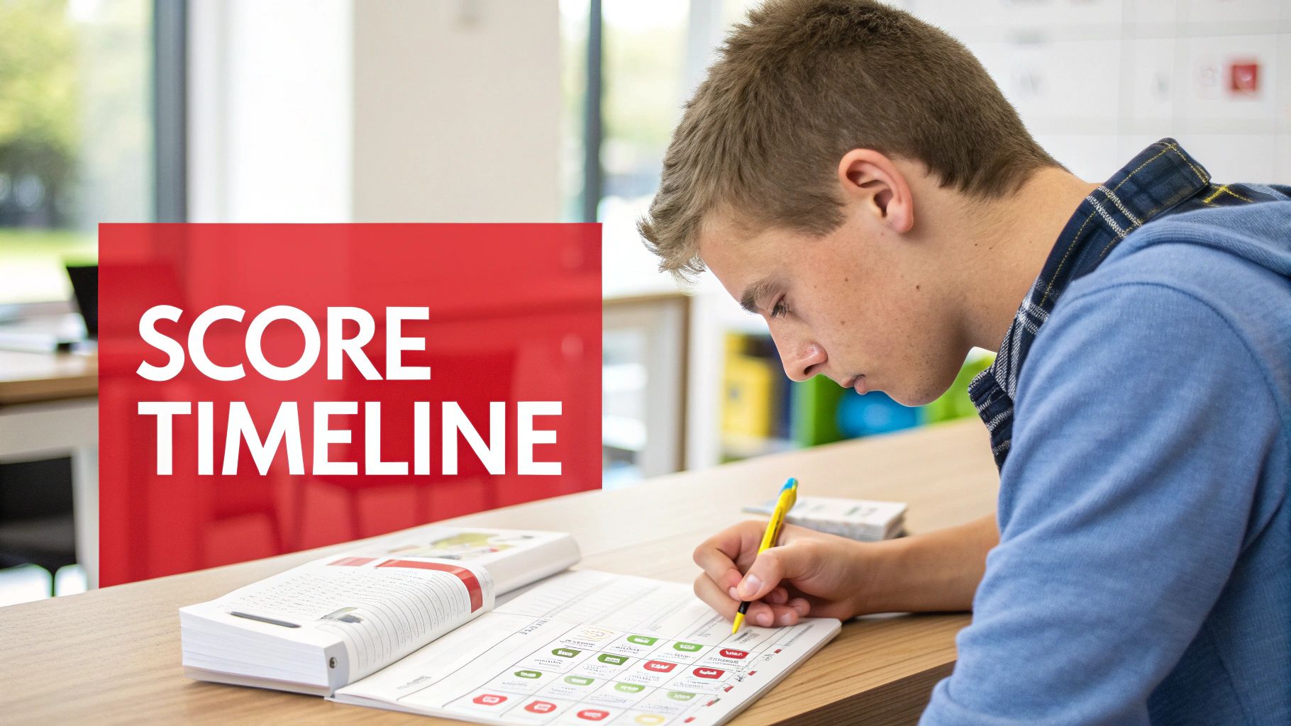 A young man intently studying and writing in a book, with a 'SCORE TIMELINE' overlay.