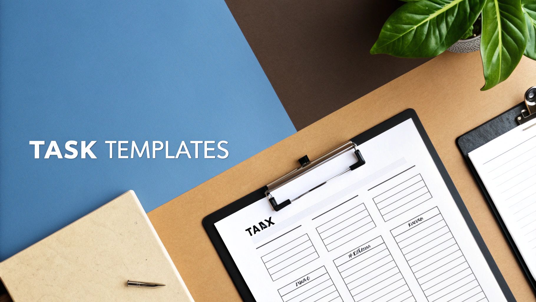 Flat lay of an organized desk with task templates, a clipboard, and a plant.
