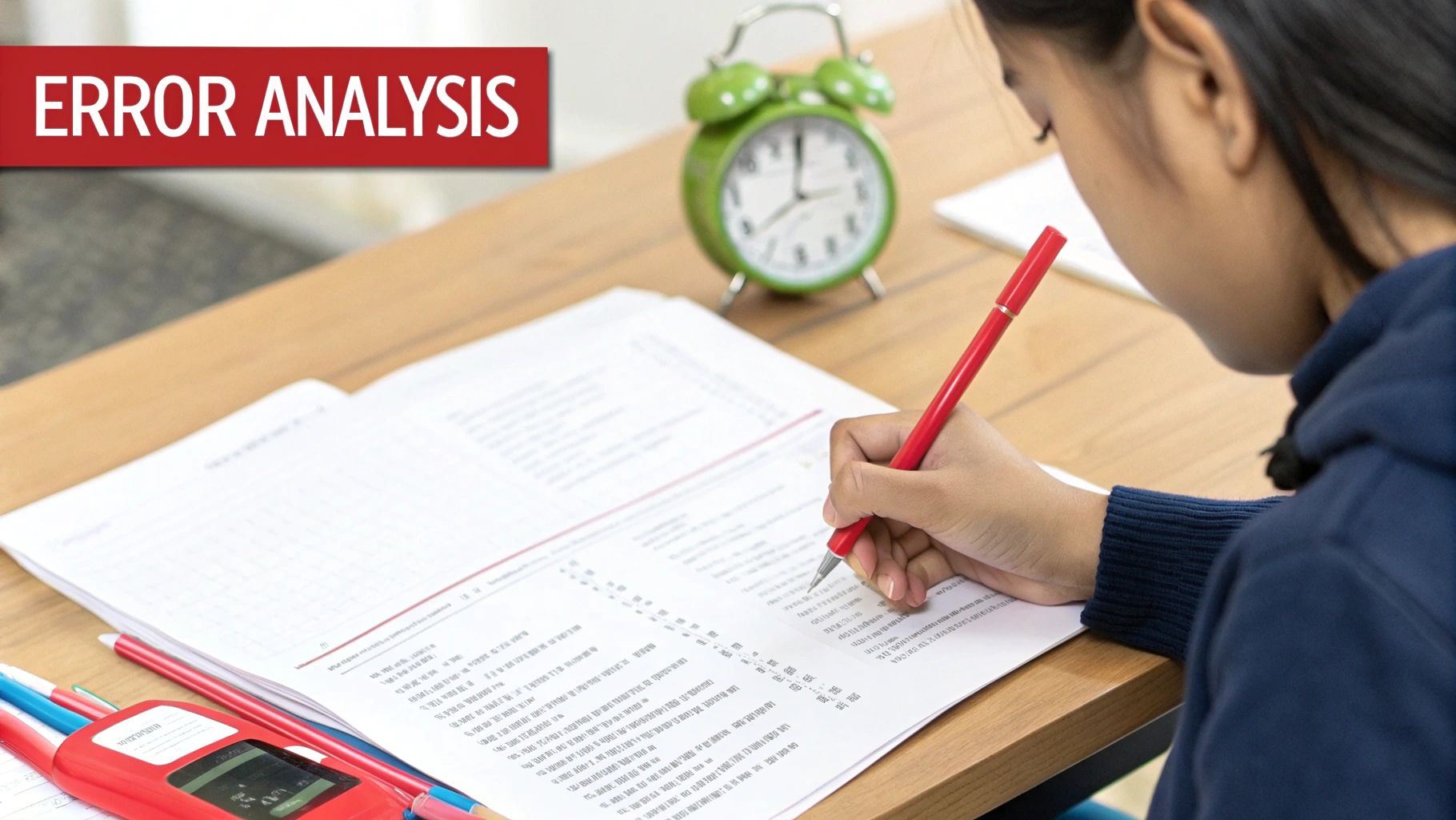 A student diligently writes with a red pen on a test paper, focusing on 'ERROR ANALYSIS'.