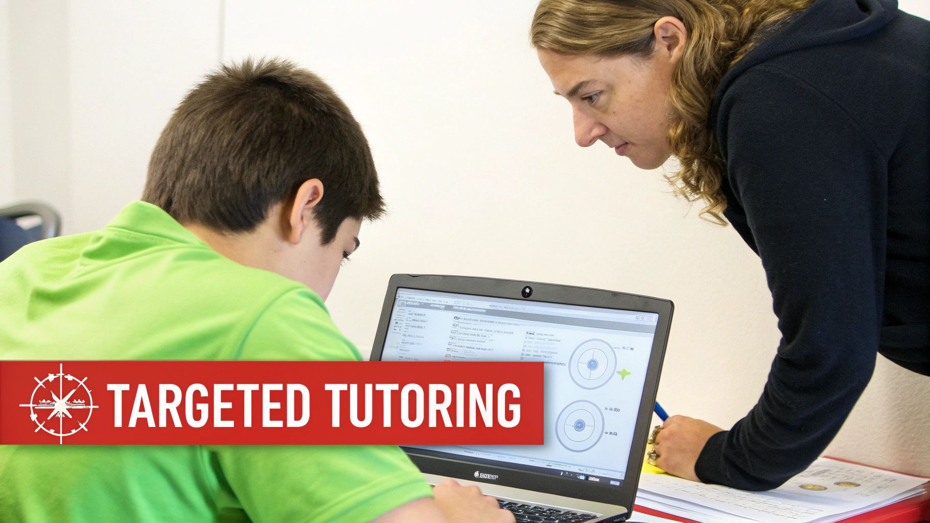 A female tutor leans over a male student using a laptop for targeted learning.