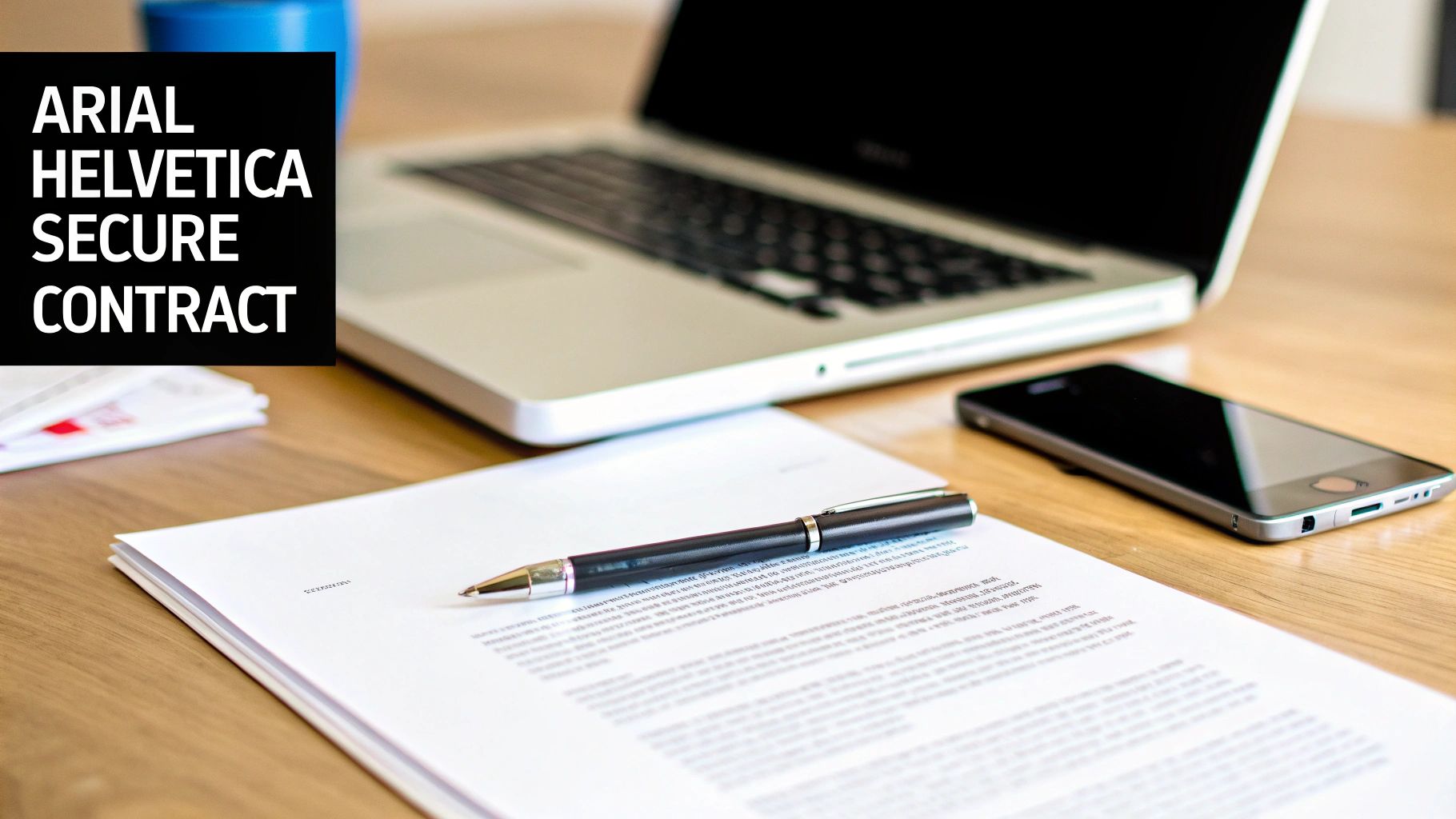 A black box with 'ARIAL HELVETICA SECURE CONTRACT' text, a laptop, phone, pen, and document on a wooden desk.