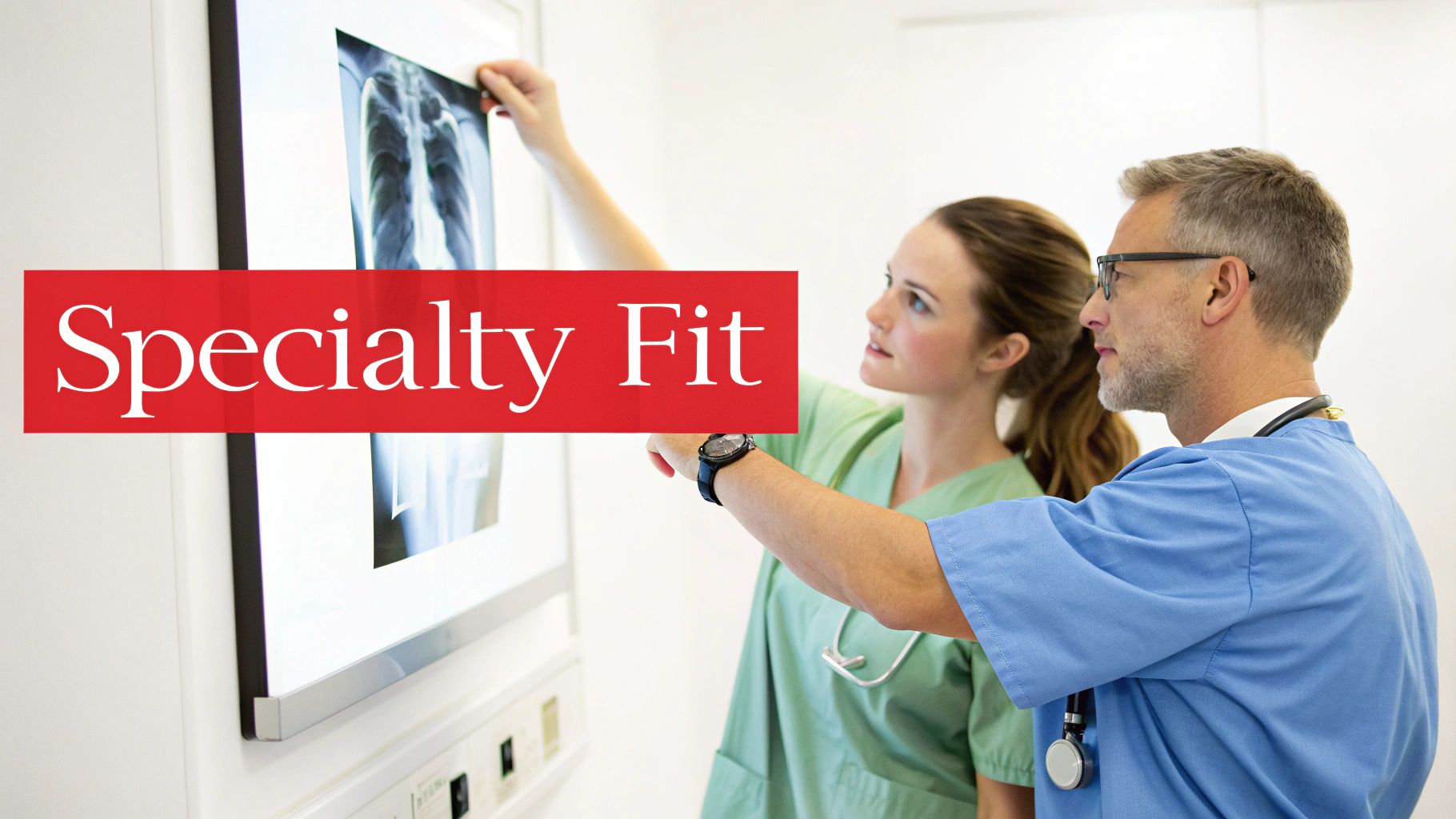Medical professionals, a doctor and nurse, reviewing a patient's X-ray image in a clinic.