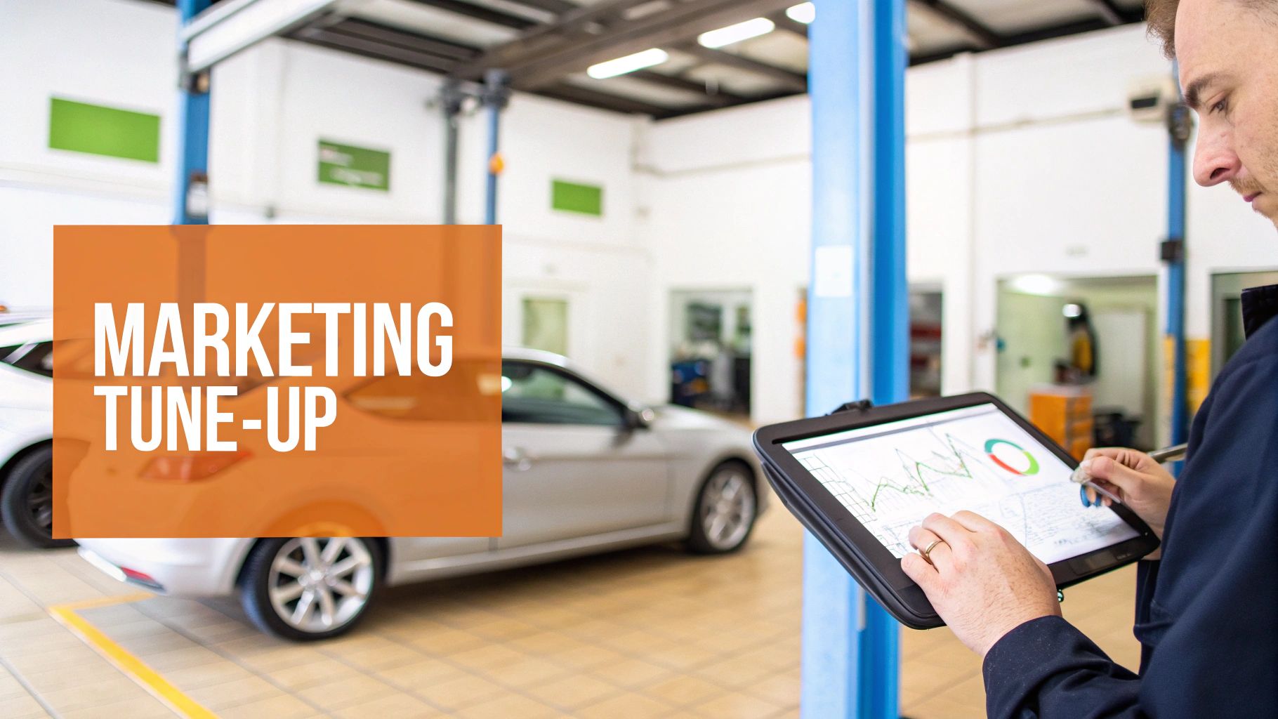 Technician reviewing marketing data on a tablet in an automotive repair shop with 'Marketing Tune-Up' overlay.