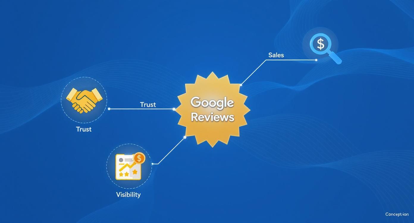 A diagram illustrating how Google Reviews lead to increased Trust, Sales, and Visibility for a business.