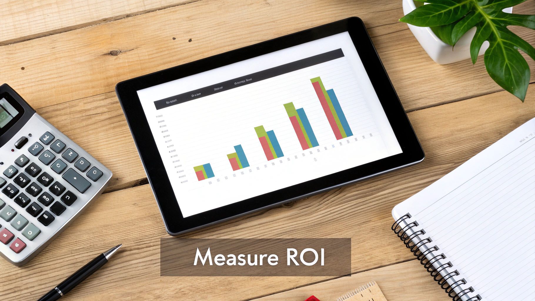 Overhead shot of a wooden desk with a tablet displaying business growth charts, a calculator, and a notebook.