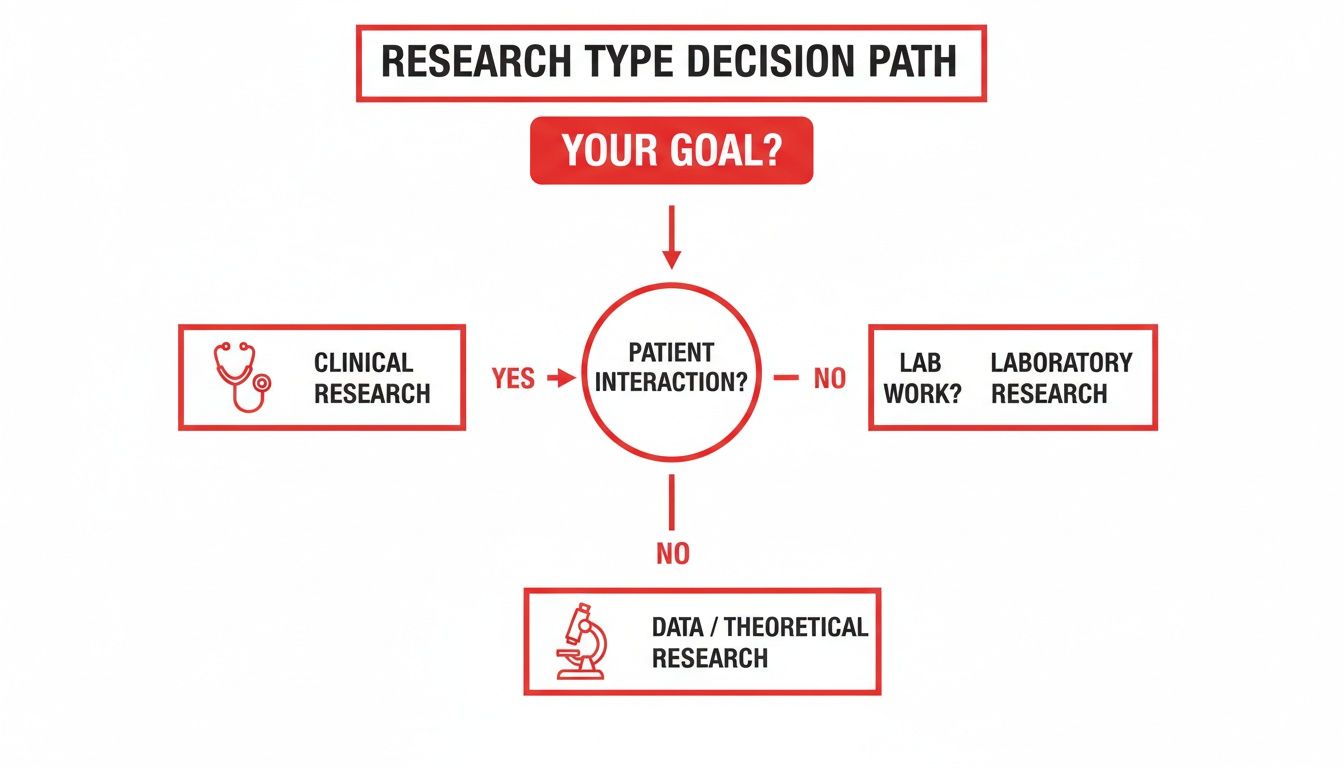 A flowchart detailing a research type decision path, guiding users to clinical, laboratory, or data/theoretical research based on patient interaction and lab work.