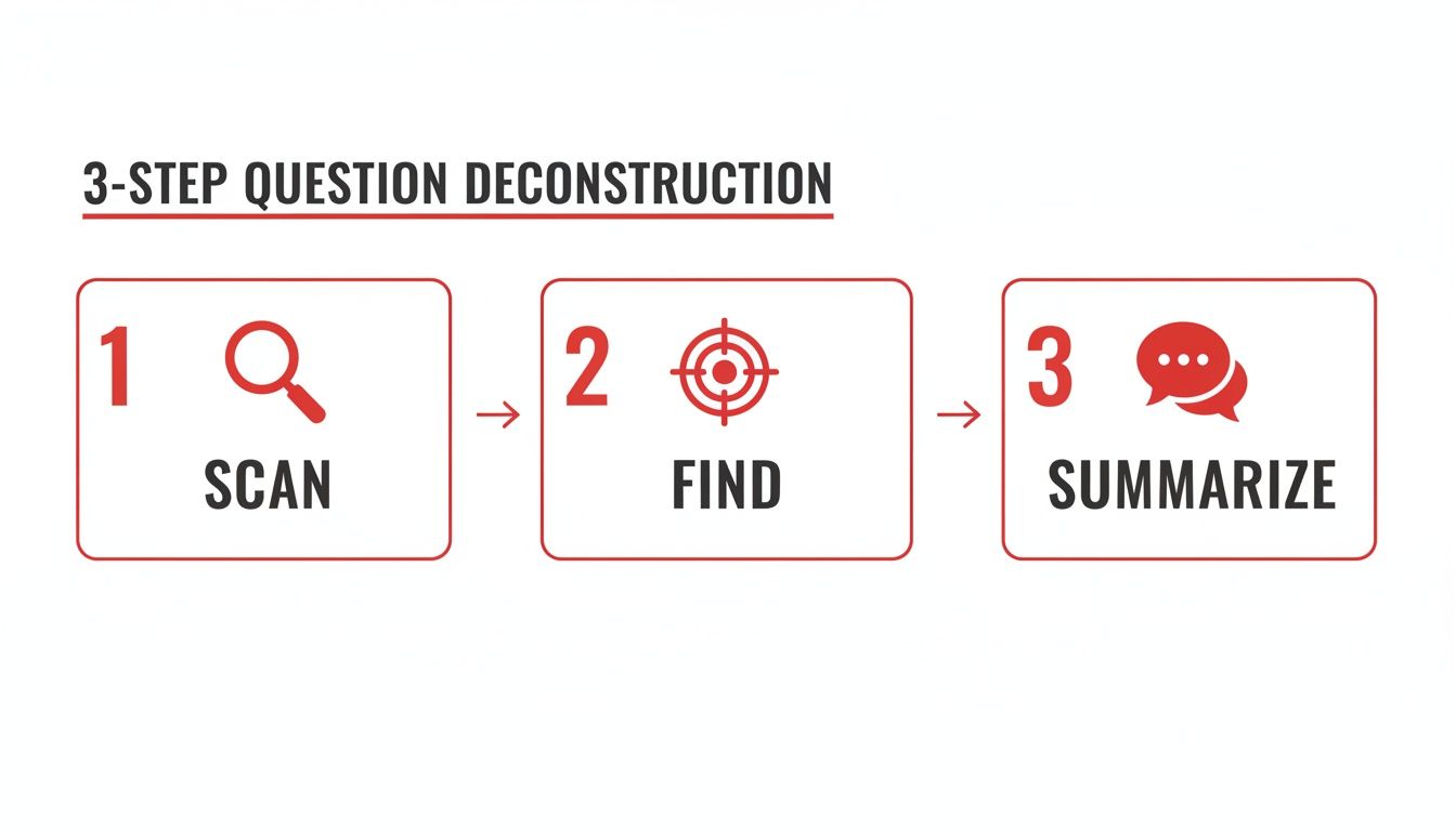 An infographic detailing a 3-step question deconstruction process: Scan, Find, and Summarize.