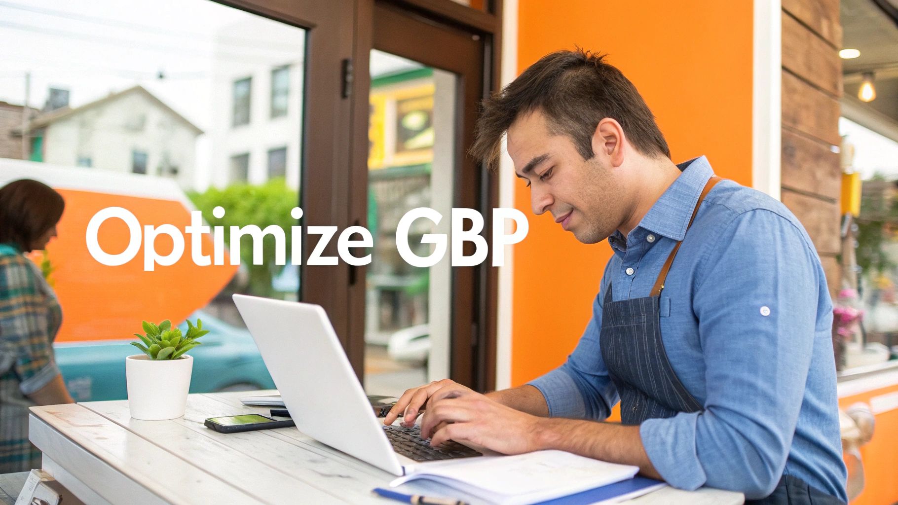 Smiling customer leaving a positive online review on their phone for a local business.