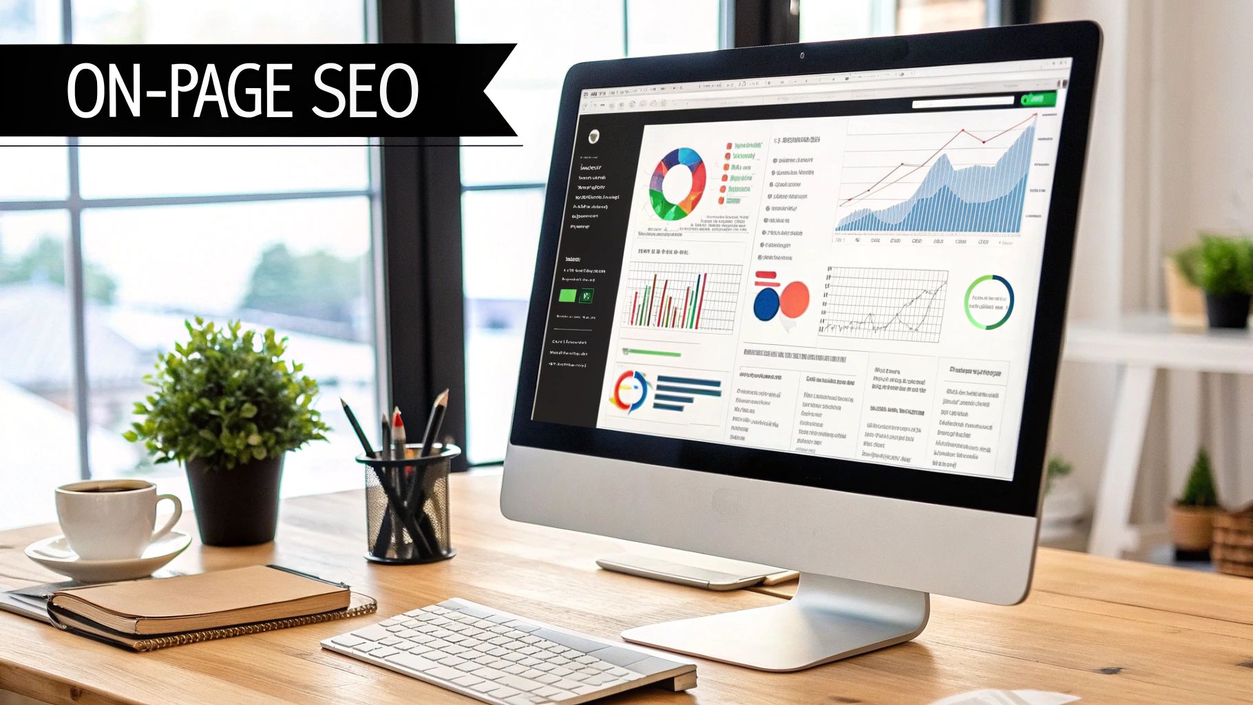 An SEO specialist fine-tuning the on-page elements of a blog post on a desktop computer, with SERP results visible on a second monitor.