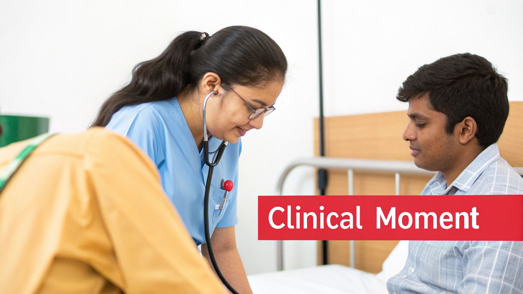 A female doctor with a stethoscope examines a male patient in a hospital bed during a clinical moment.