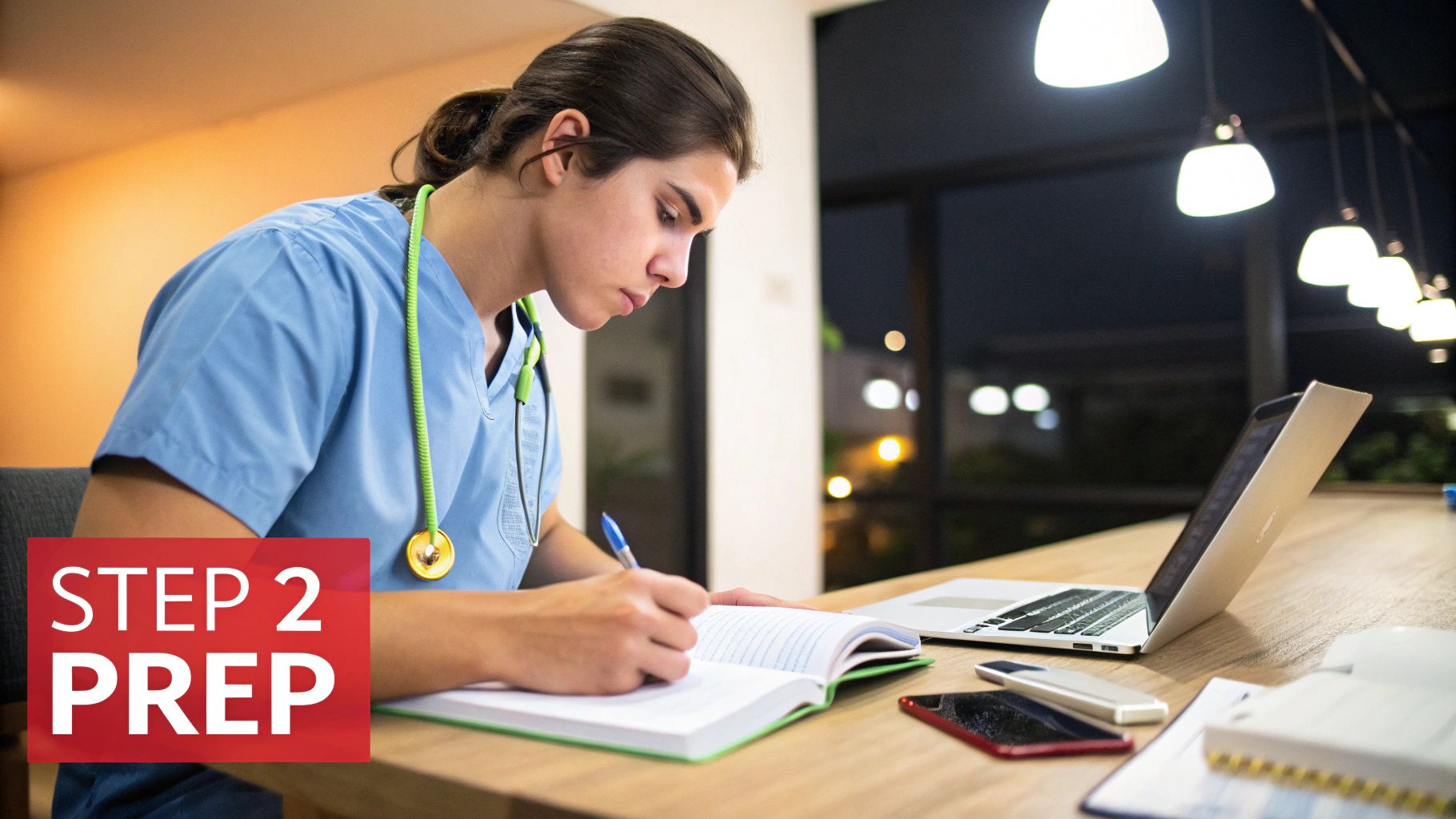 A focused medical student, wearing scrubs and a stethoscope, studying at night for Step 2 Prep.