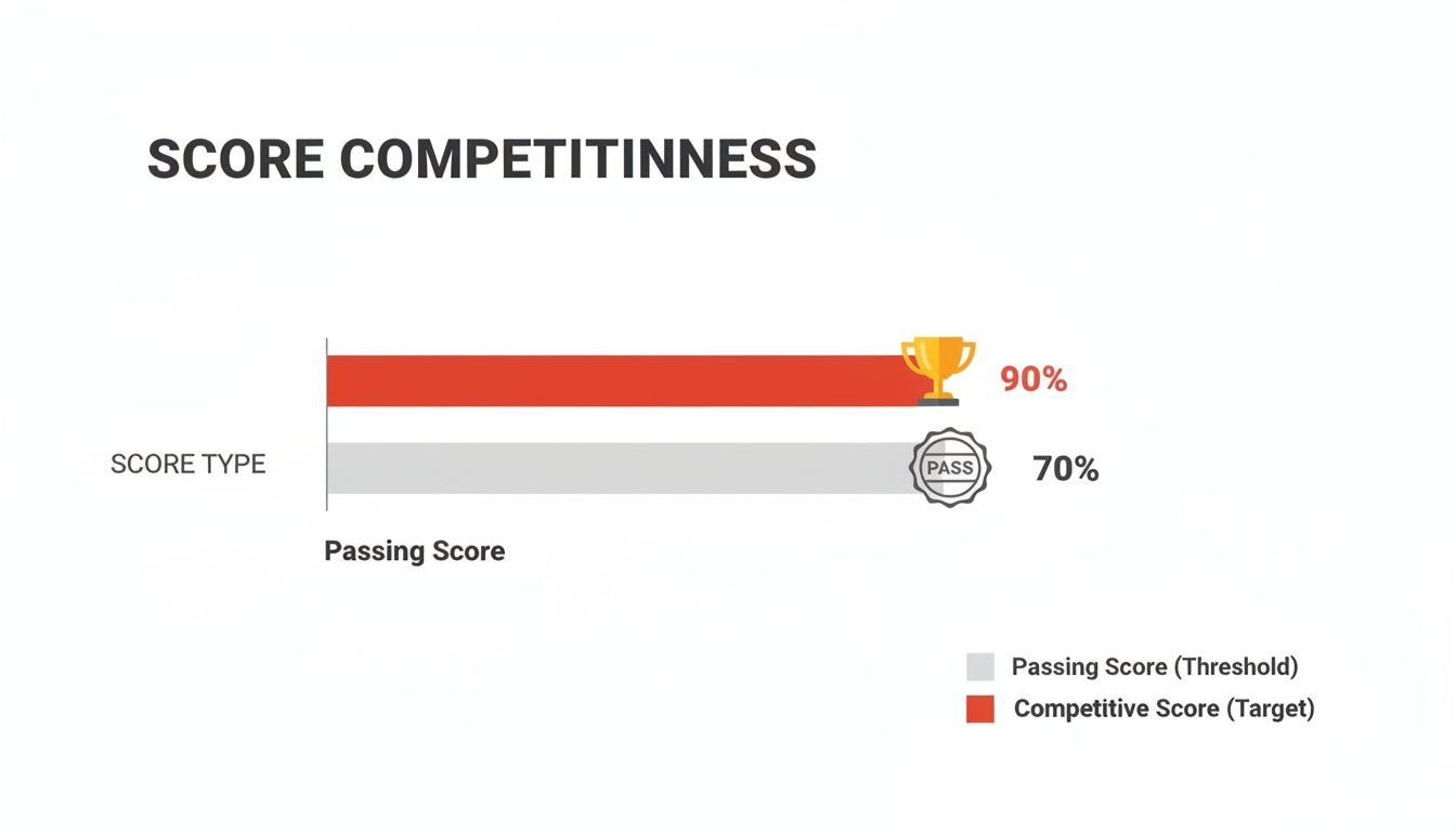 A bar chart displays score competitiveness, showing a 70% passing score and a 90% competitive target.