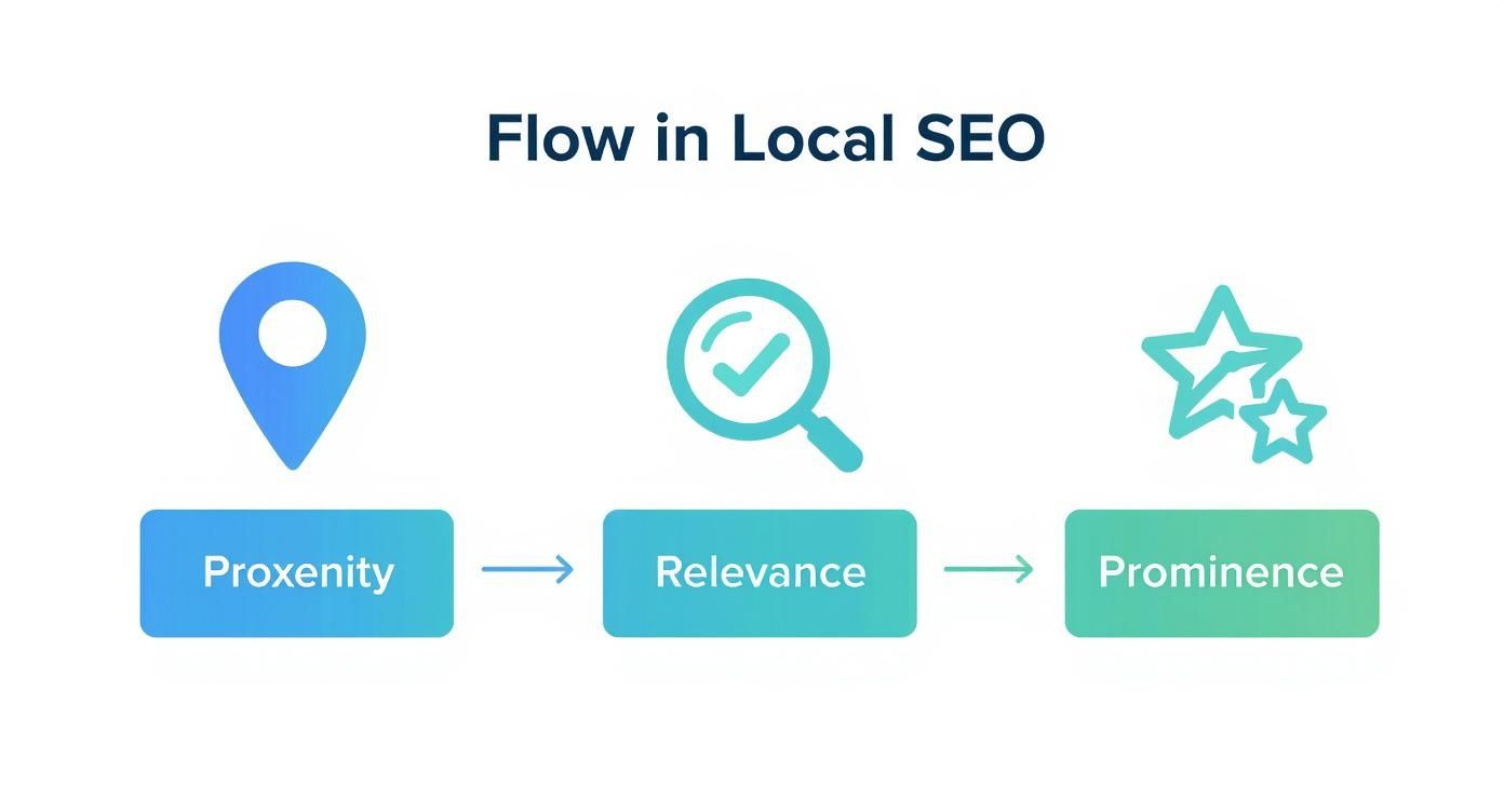 Infographic showing the local SEO process flow: Proximity, Relevance, and Prominence