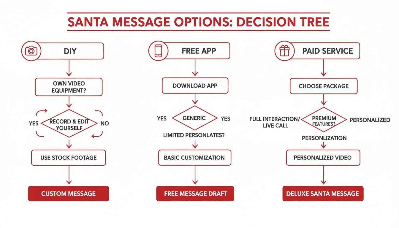 A decision tree flowchart showing three options for creating a Santa message: DIY, Free App, and Paid Service.