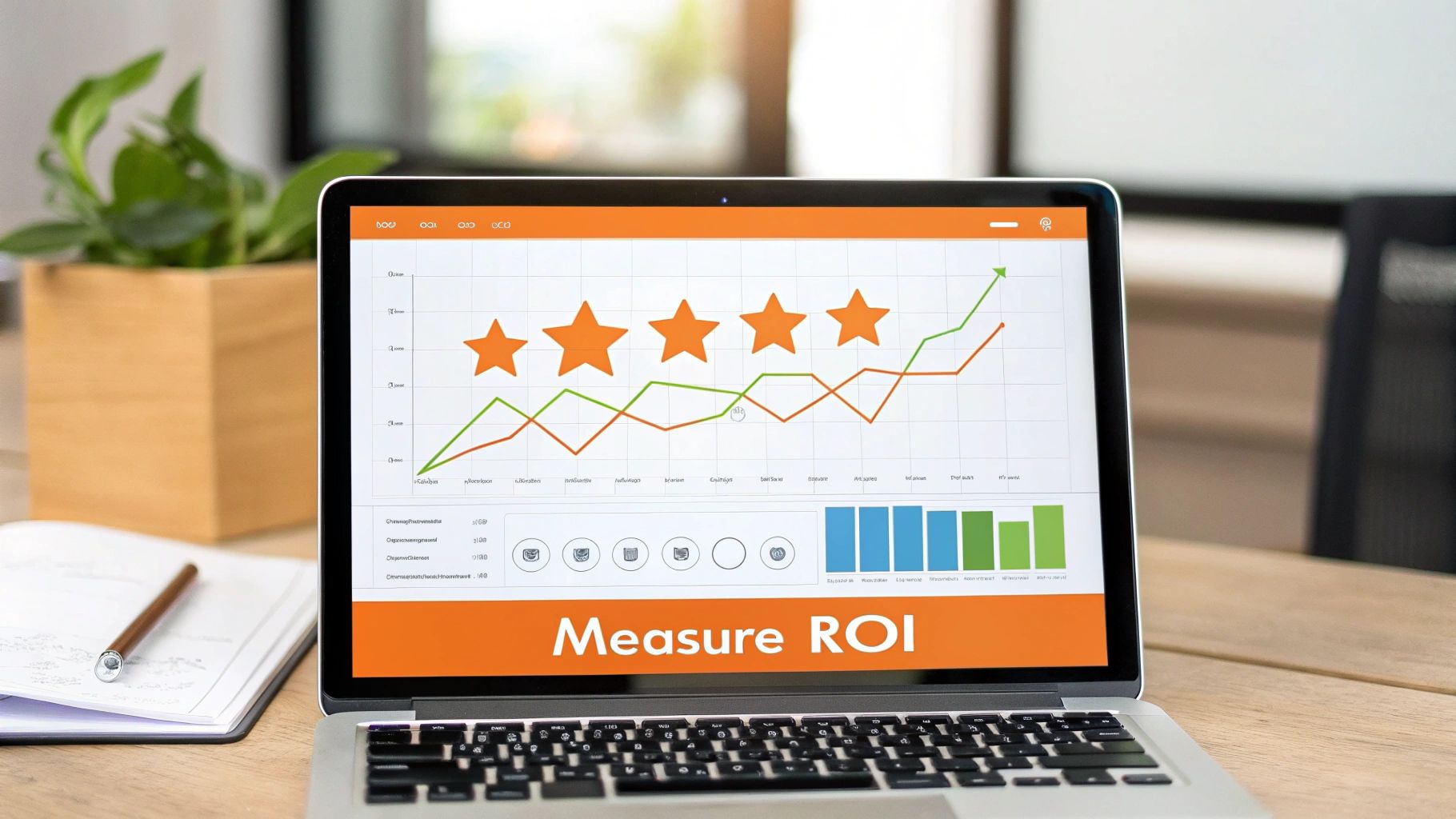 Laptop screen displaying performance metrics, star ratings, and 'Measure ROI' for business analysis.