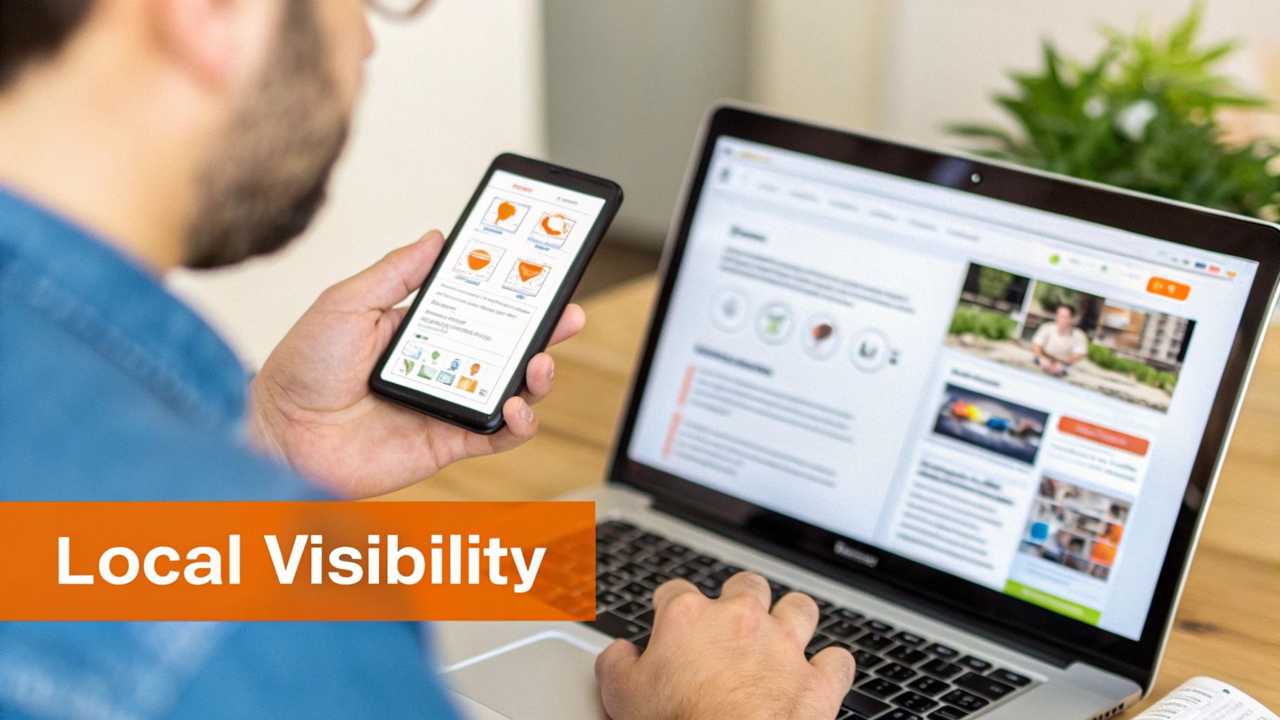 Person viewing digital content on a smartphone and typing on a laptop, emphasizing local visibility.