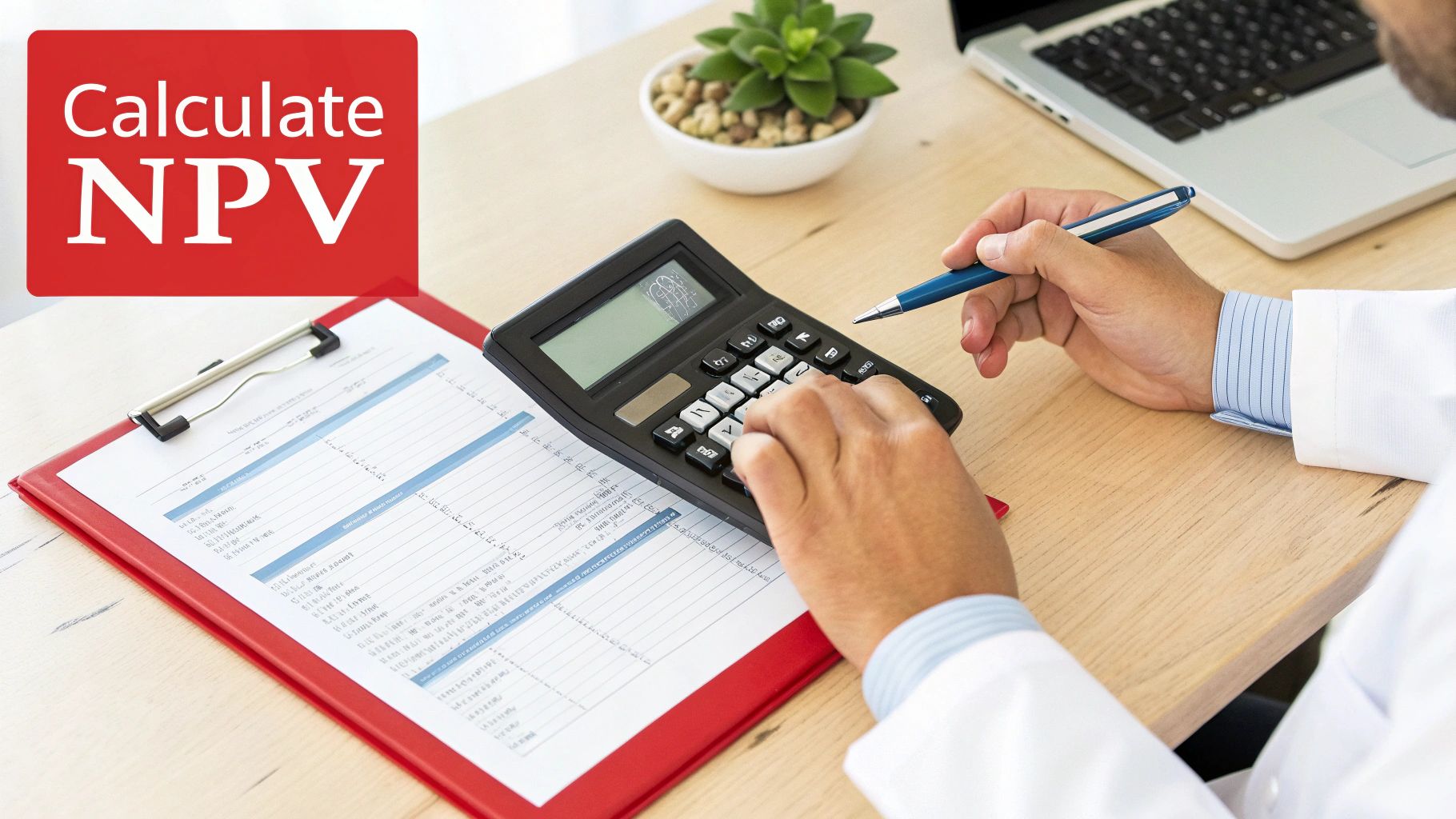 A person's hands using a calculator and pen, with a clipboard, laptop, and 'Calculate NPV' text.