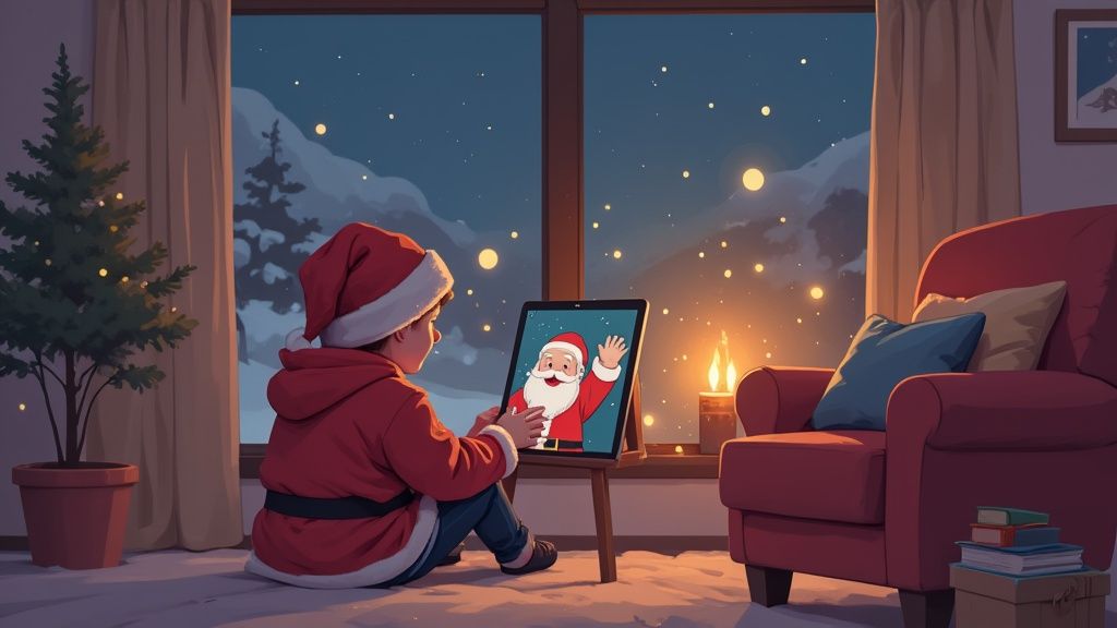 A child in a Santa suit watches a video of Santa Claus on a tablet in a cozy Christmas setting.