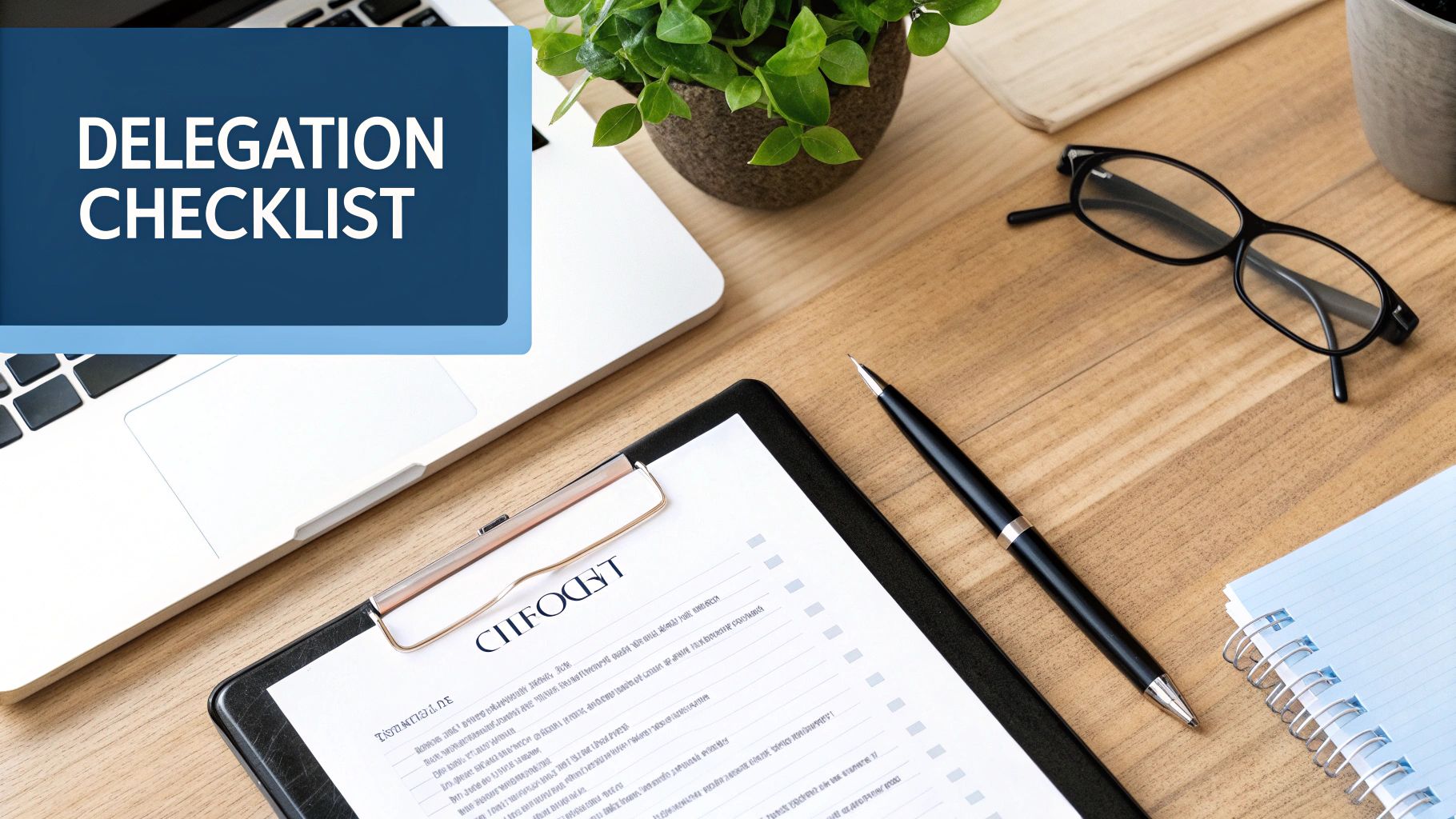 Flat lay of a clean wooden desk with a laptop, plant, glasses, pen, and a clipboard titled 'Delegation Checklist'.