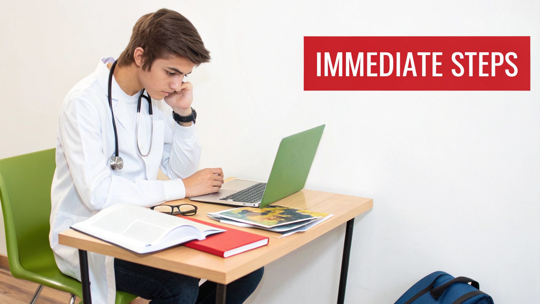 A thoughtful medical student in a white coat looks at a laptop, with books on the desk.