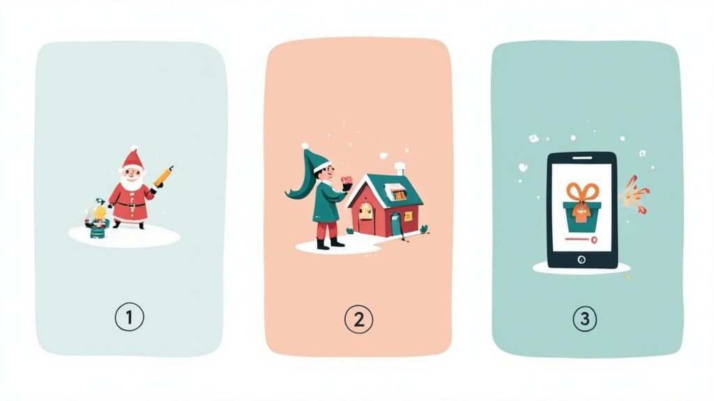 Three holiday illustrations showing Santa with gifts, person at cottage, and smartphone displaying present