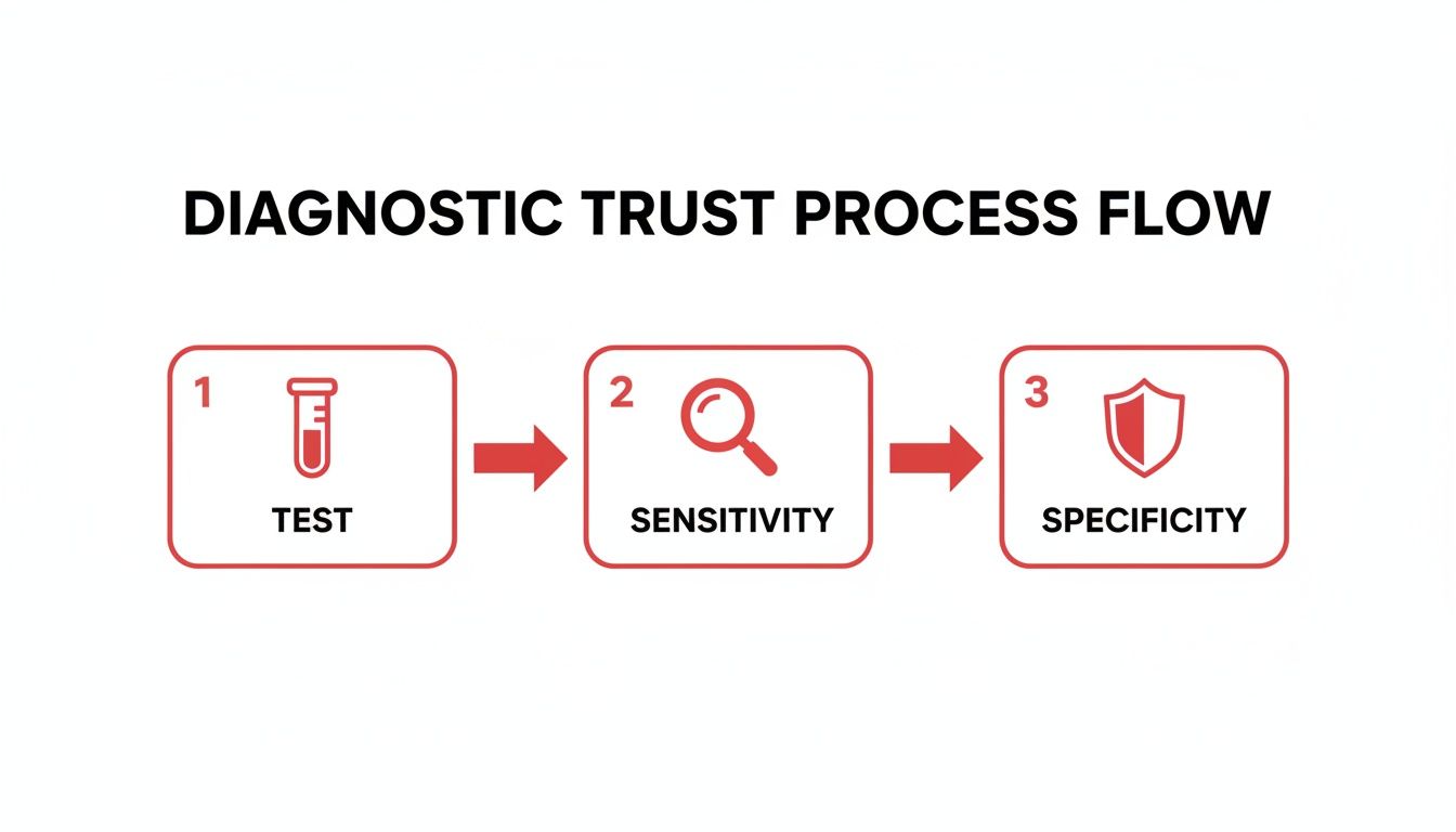Diagnostic trust process flow diagram showing steps: Test, Sensitivity, and Specificity with icons.