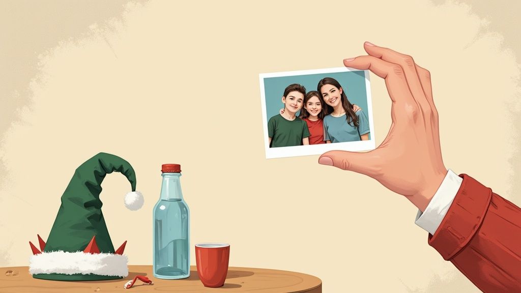 Hand holding family photo beside festive elf hat bottle and mug on table