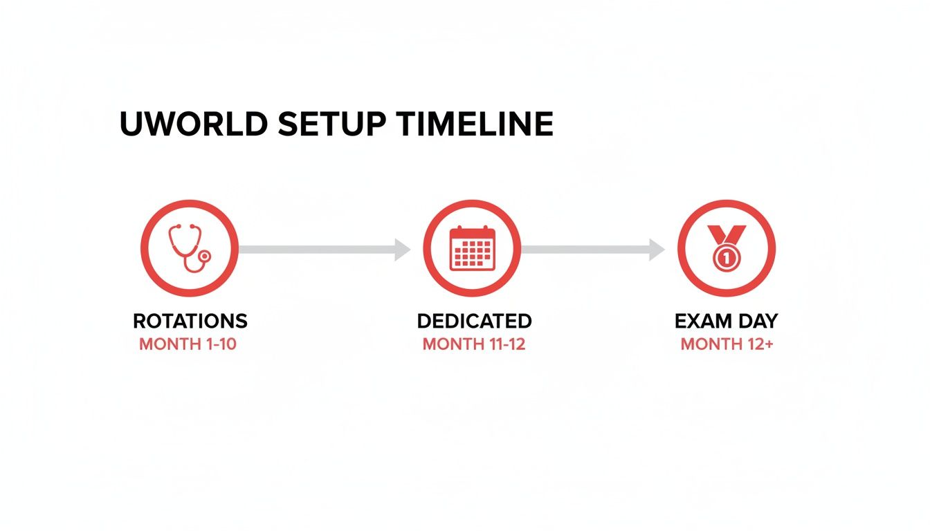 UWorld setup timeline graphic showing three stages: rotations, dedicated study, and exam day progression.