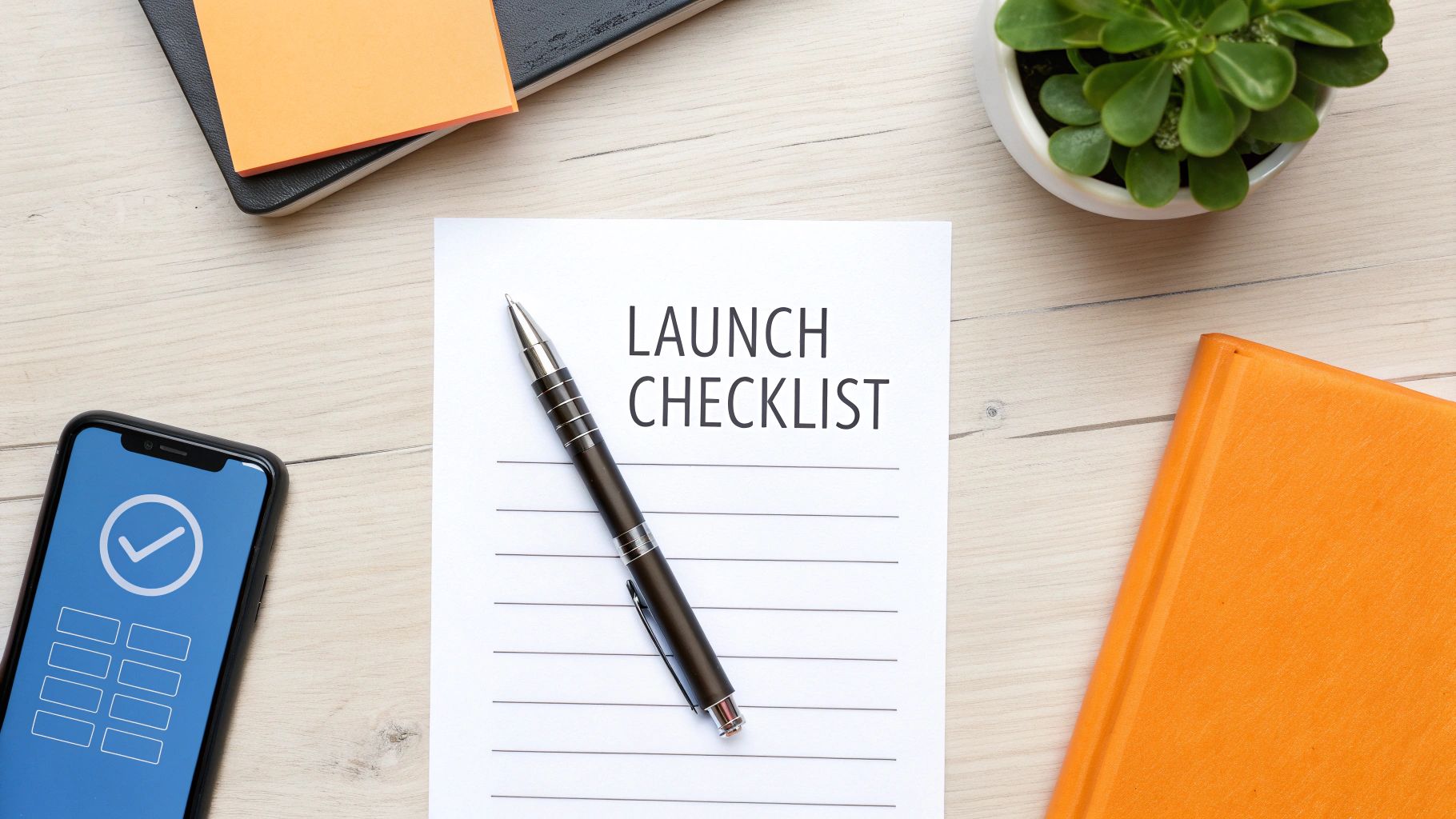 Flat lay of a desk with a 'Launch Checklist' document, pen, smartphone, plant, and orange book.