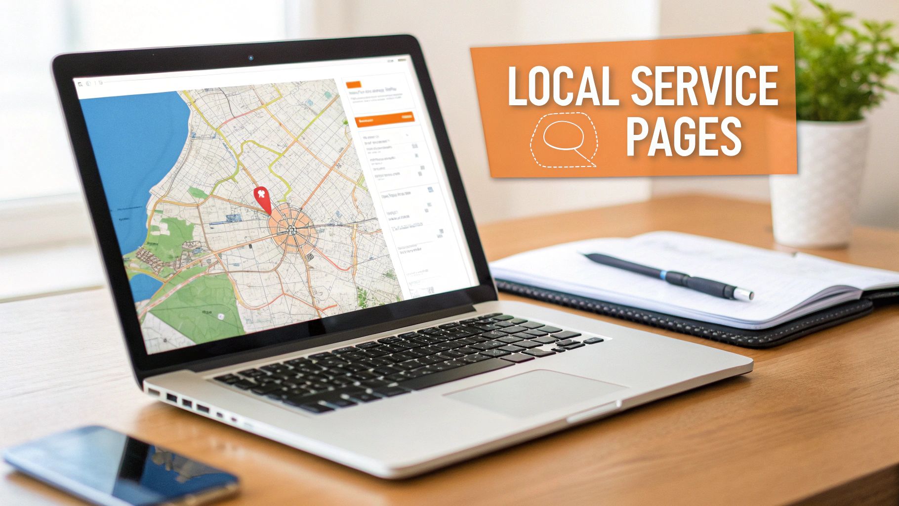 An auto repair shop's website on a laptop, showing location-specific service pages and a clear display of their address and phone number.