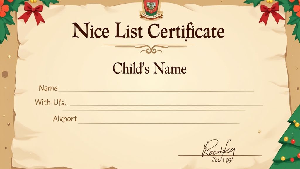 A vintage-style Christmas 'Nice List Certificate' for a child, with festive decorations.