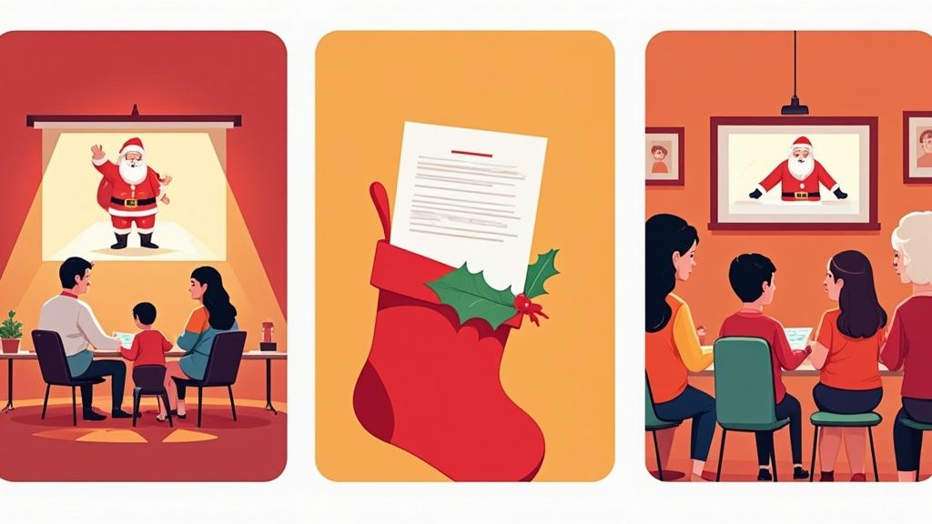 A family gathered on a couch, excitedly watching a personalized Santa video on their TV.