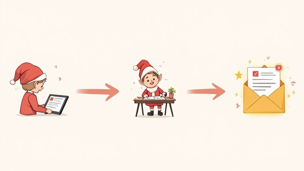 Process: child on tablet, elf writing, resulting in a personalized letter from Santa.