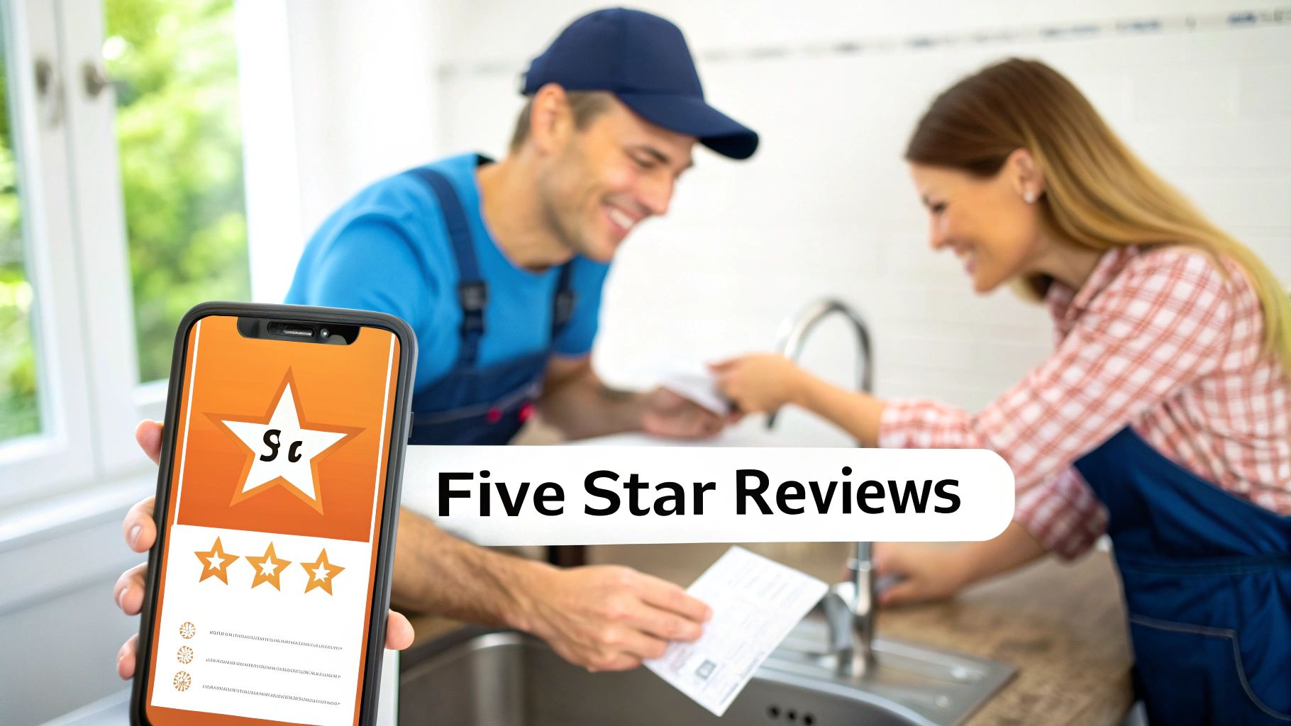 Plumber's van with company branding parked in a suburban neighborhood