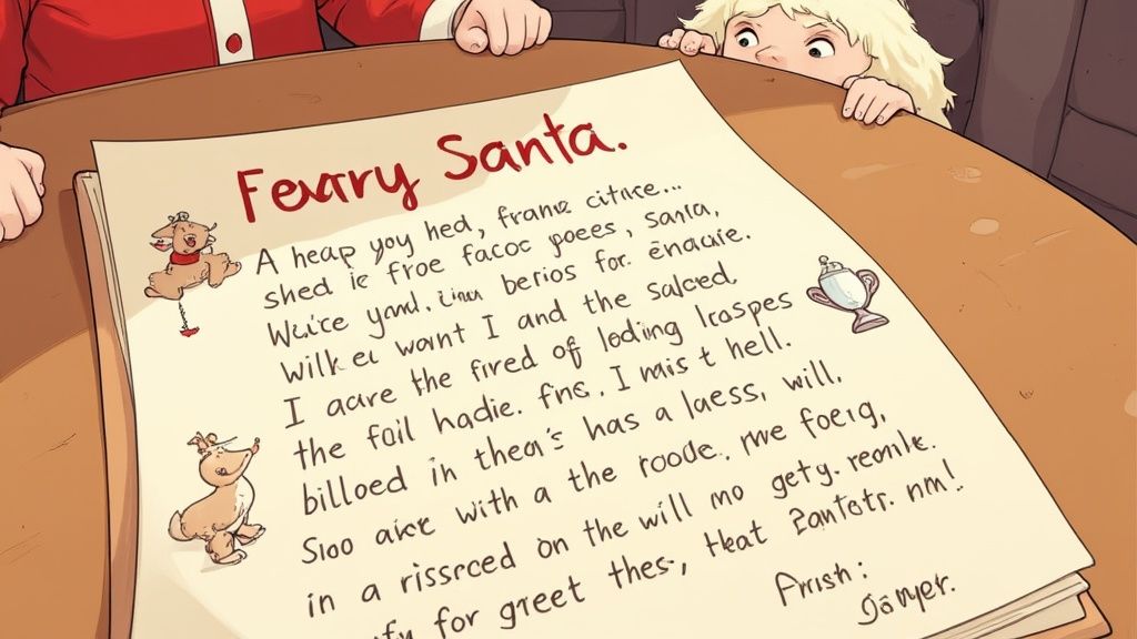 A child peeks at a whimsical, handwritten letter to 'Feary Santa' with a reindeer drawings.