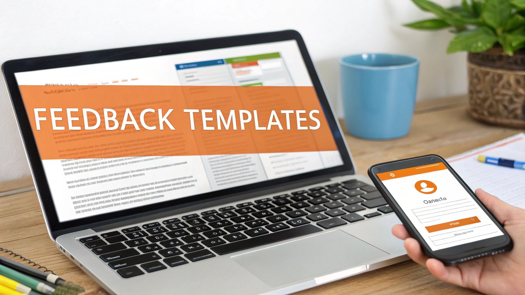 Person working on a laptop displaying feedback templates and holding a smartphone with a login screen.
