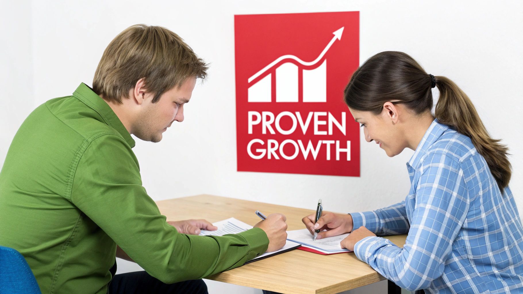 Two individuals collaborating at a desk, reviewing documents in front of a 'PROVEN GROWTH' sign.