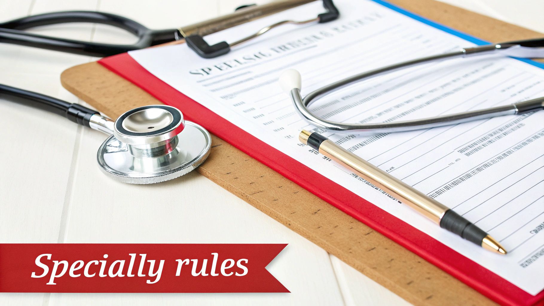 A stethoscope, pen, and medical form on a clipboard, representing medical documentation and rules.