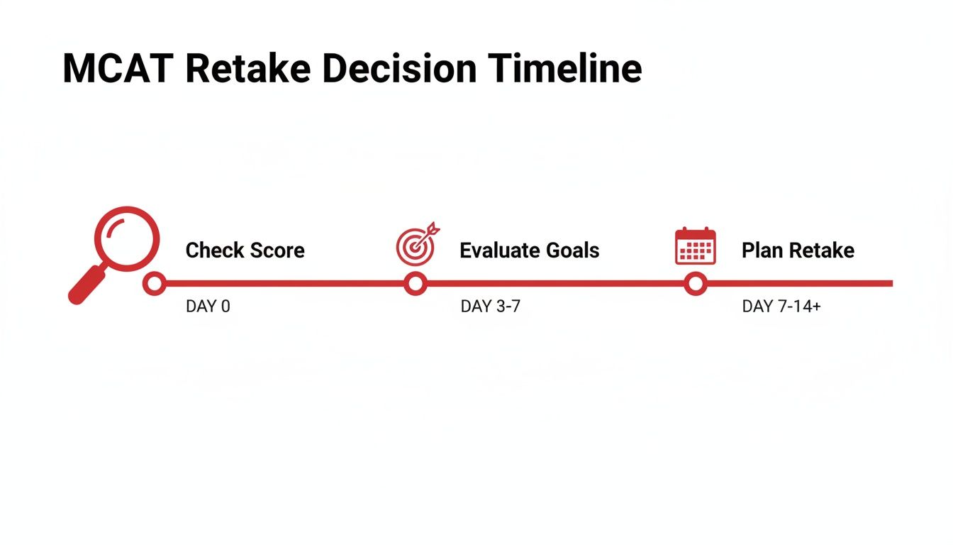 MCAT Retake Decision Timeline flowchart showing steps like check score, evaluate goals, and plan retake.
