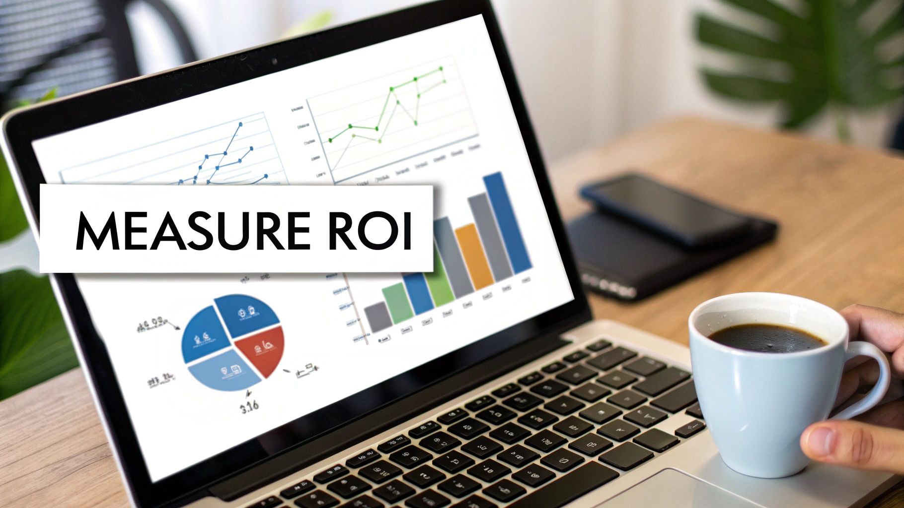 A person holds a coffee mug while using a laptop displaying charts and 'MEASURE ROI' text.