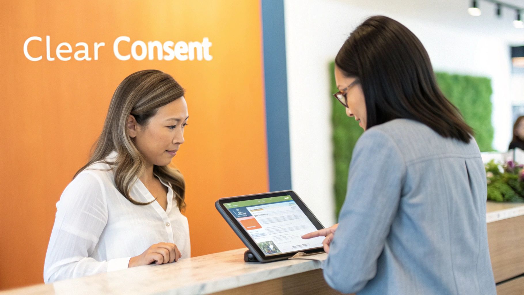 Two women reviewing a digital consent form on a tablet at a modern reception desk with 'Clear Consent' signage.