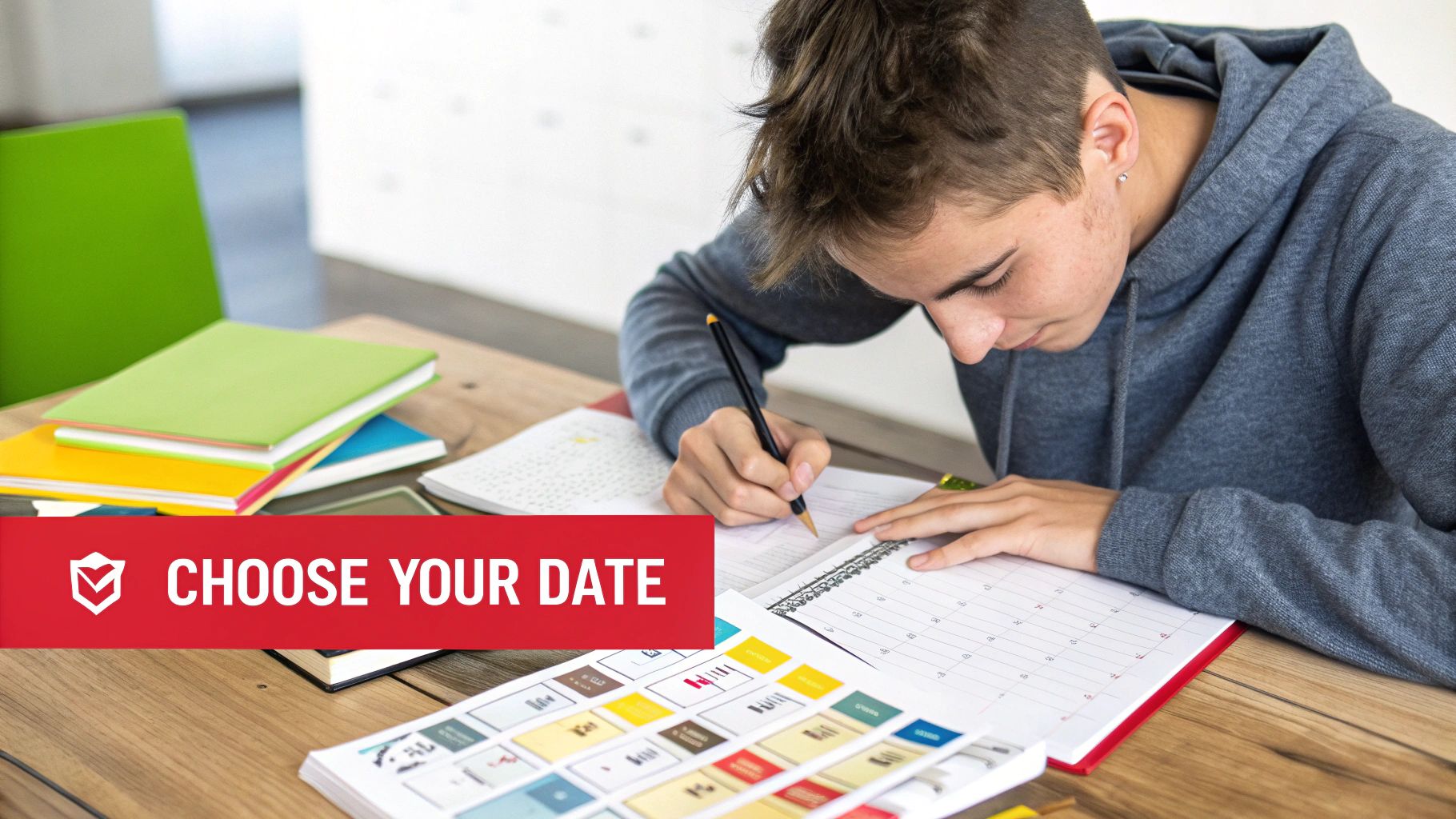 A student writes in a planner on a desk with colorful books and a 'CHOOSE YOUR DATE' banner.