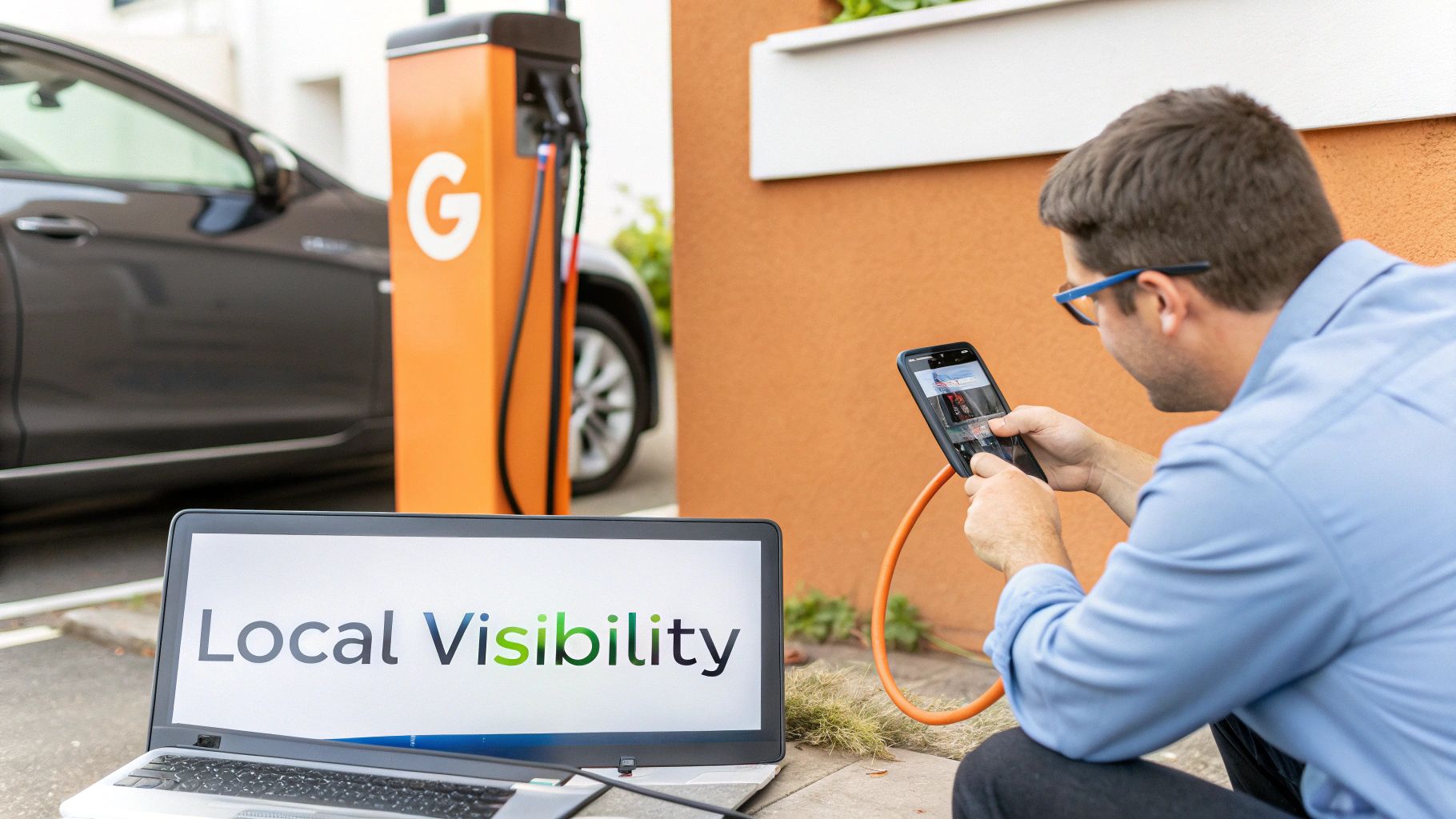 A man charges his smartphone near an electric car charging station, with a laptop displaying "Local Visibility."