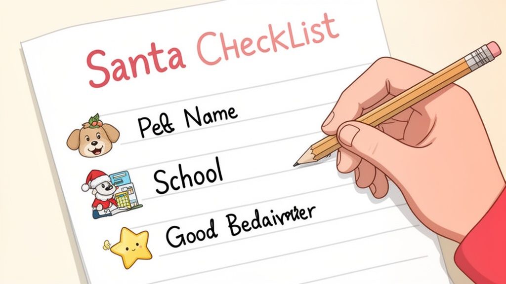 A hand writes on a Santa Checklist with items like Pet Name, School, and Good Behavior.