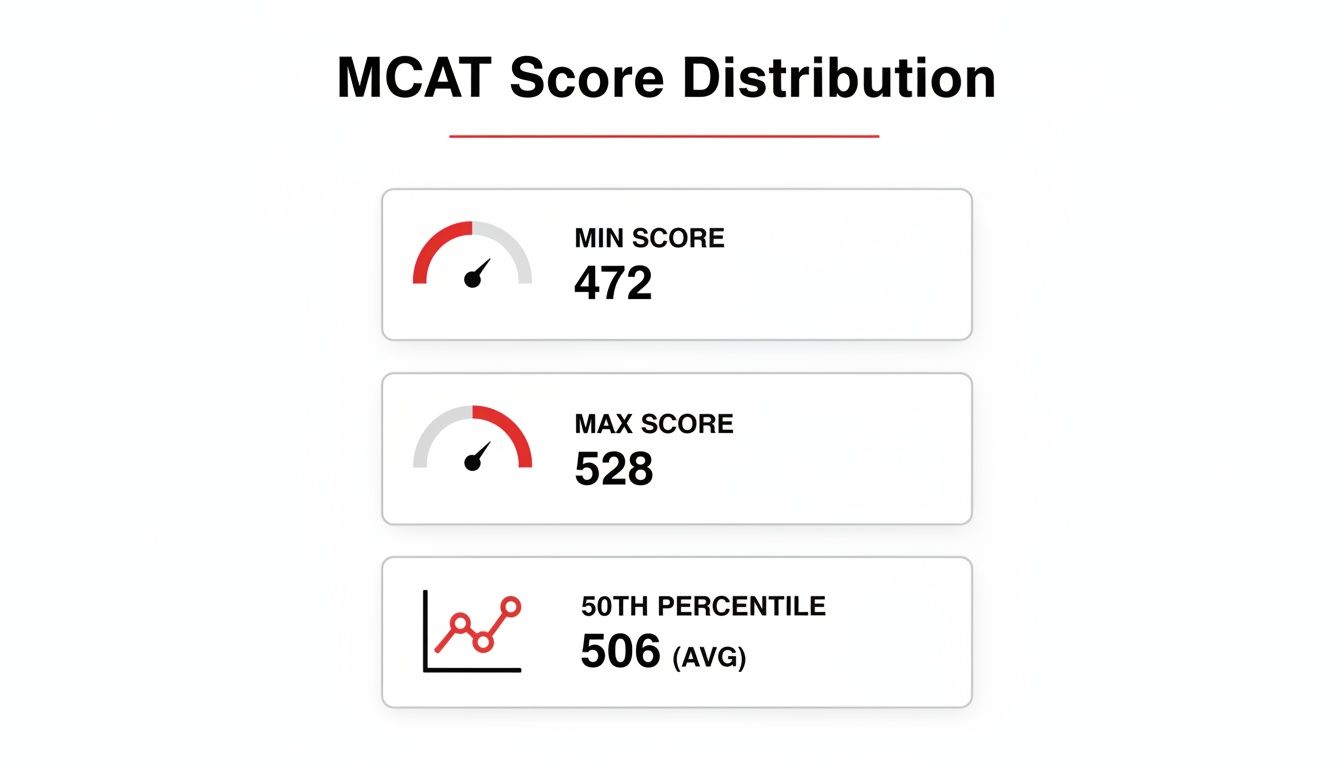 MCAT score distribution graphic displaying minimum score 472, maximum score 528, and 50th percentile 506 (AVG).
